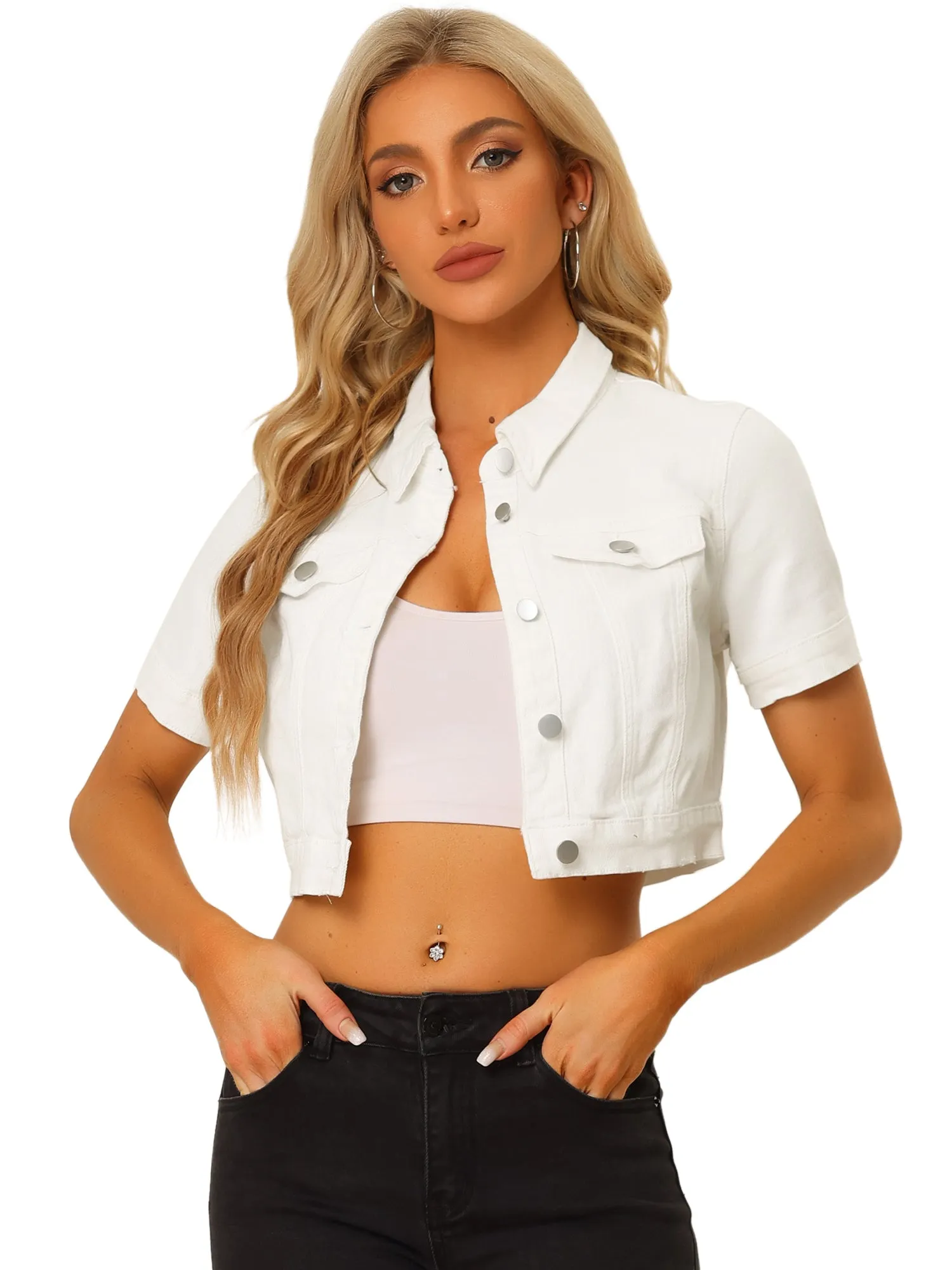 Casual Lapel Short Sleeve Crop Top Jean Denim Jacket sold by Allegra K product image thumbnail 4