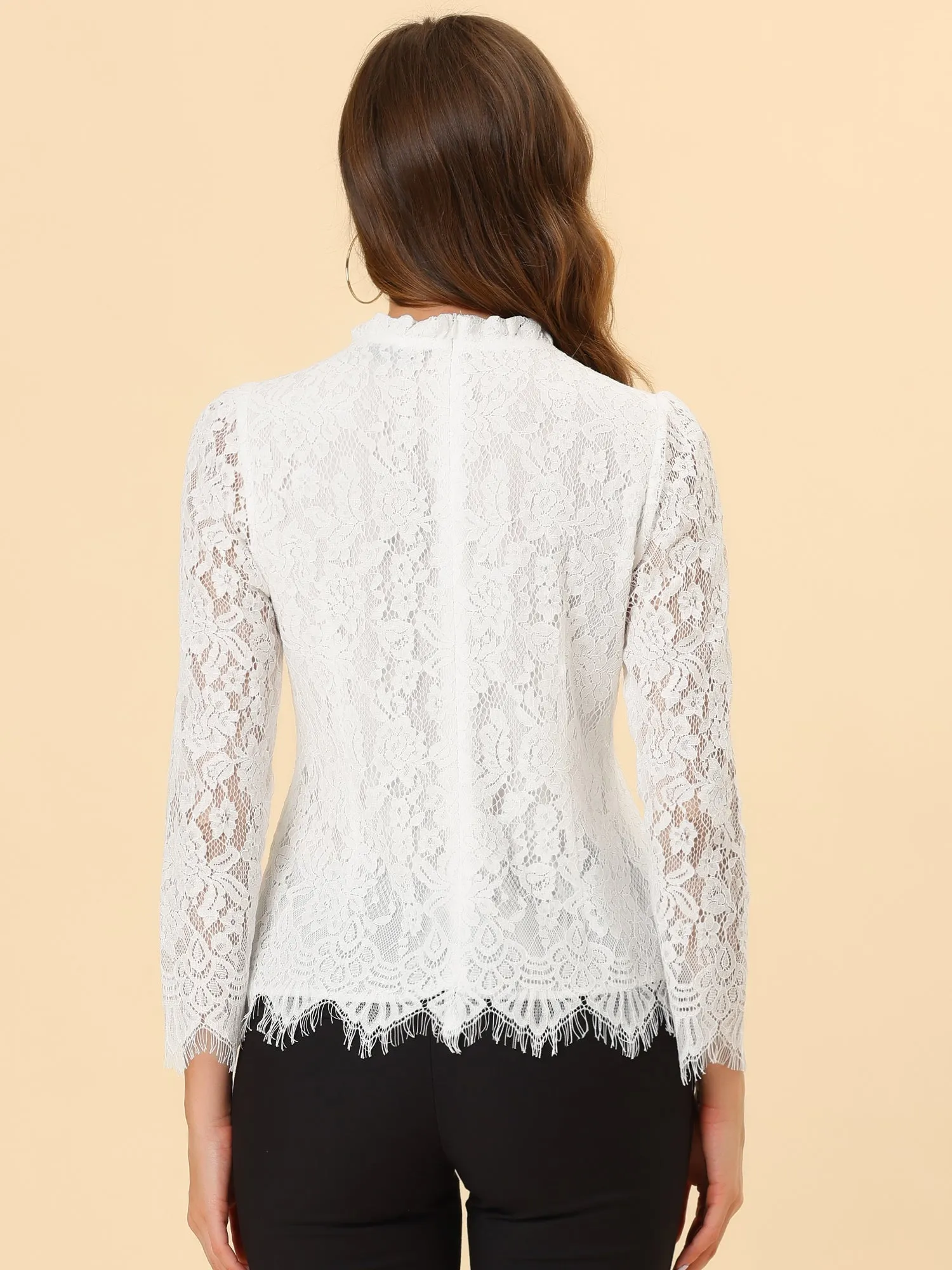 Lace Long Sleeve Ruffle Stand Neck Floral Blouse sold by Allegra K product image thumbnail 5