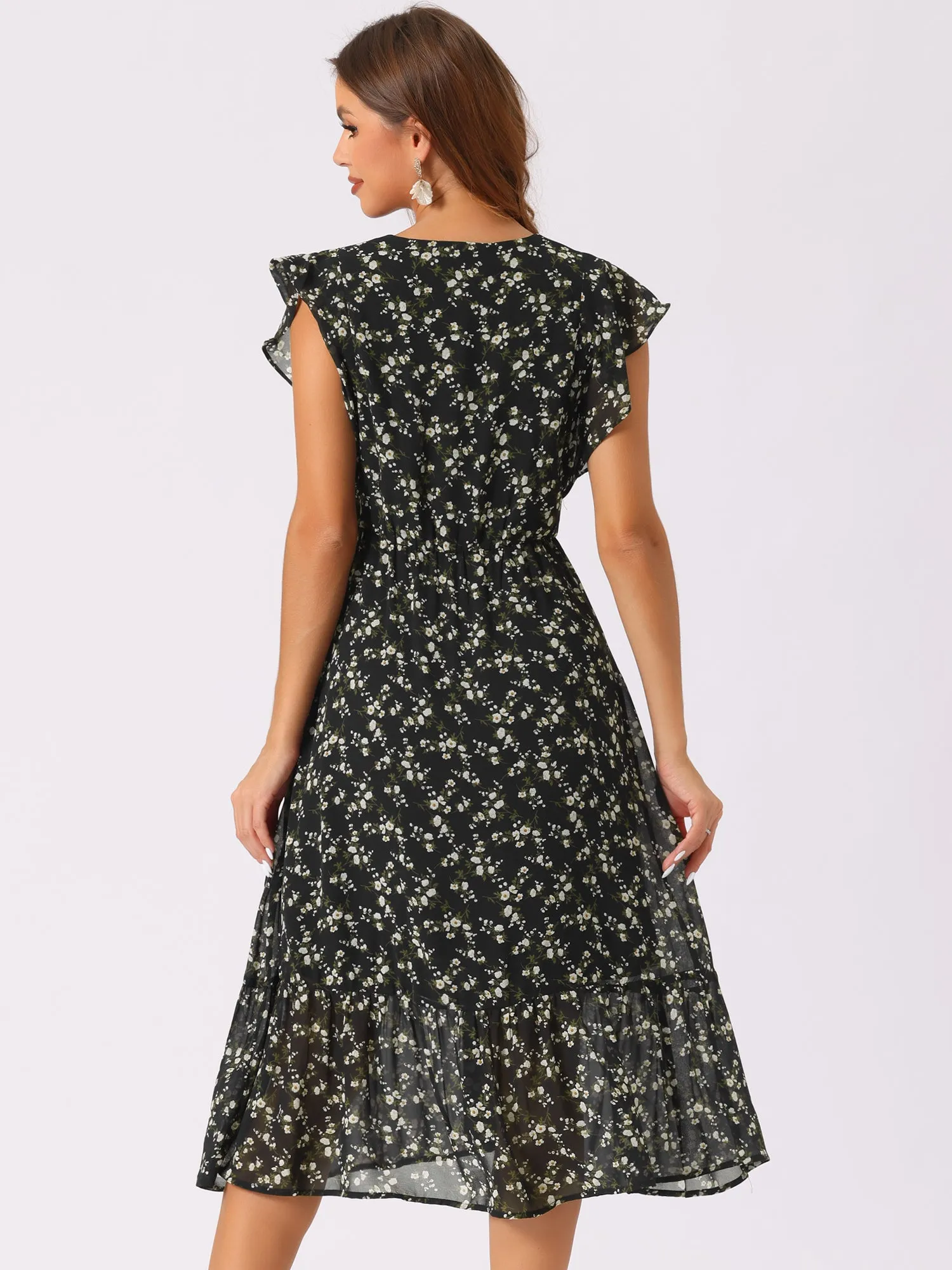 Floral Flutter Sleeve Pockets Ruffled Chiffon Midi Dress sold by Allegra K product image thumbnail 3
