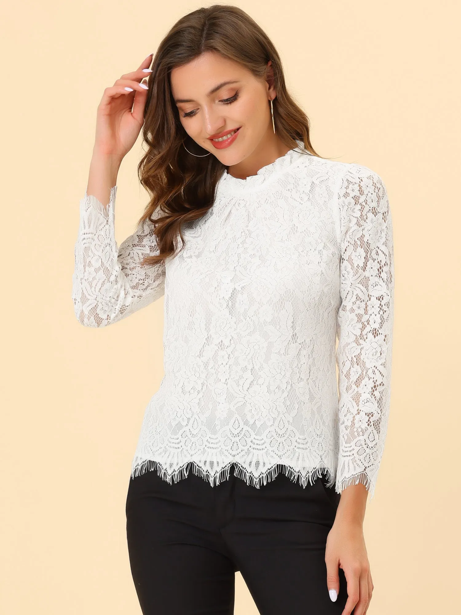 Lace Long Sleeve Ruffle Stand Neck Floral Blouse sold by Allegra K product image thumbnail 3