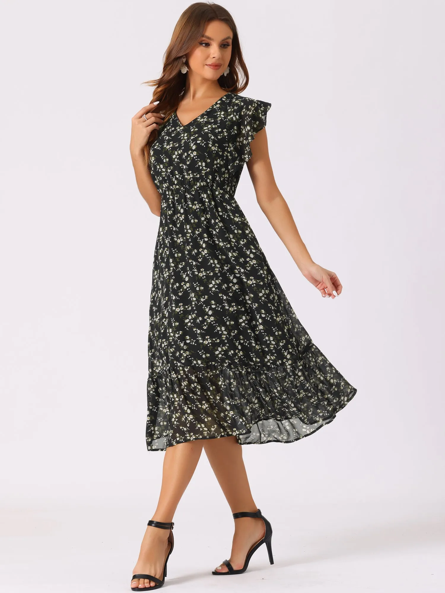 Floral Flutter Sleeve Pockets Ruffled Chiffon Midi Dress sold by Allegra K product image thumbnail 2