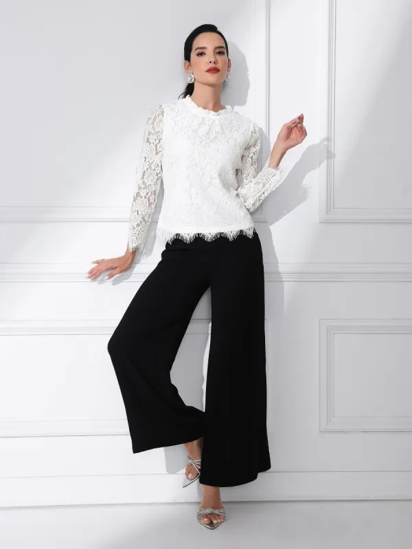 Lace Long Sleeve Ruffle Stand Neck Floral Blouse sold by Allegra K