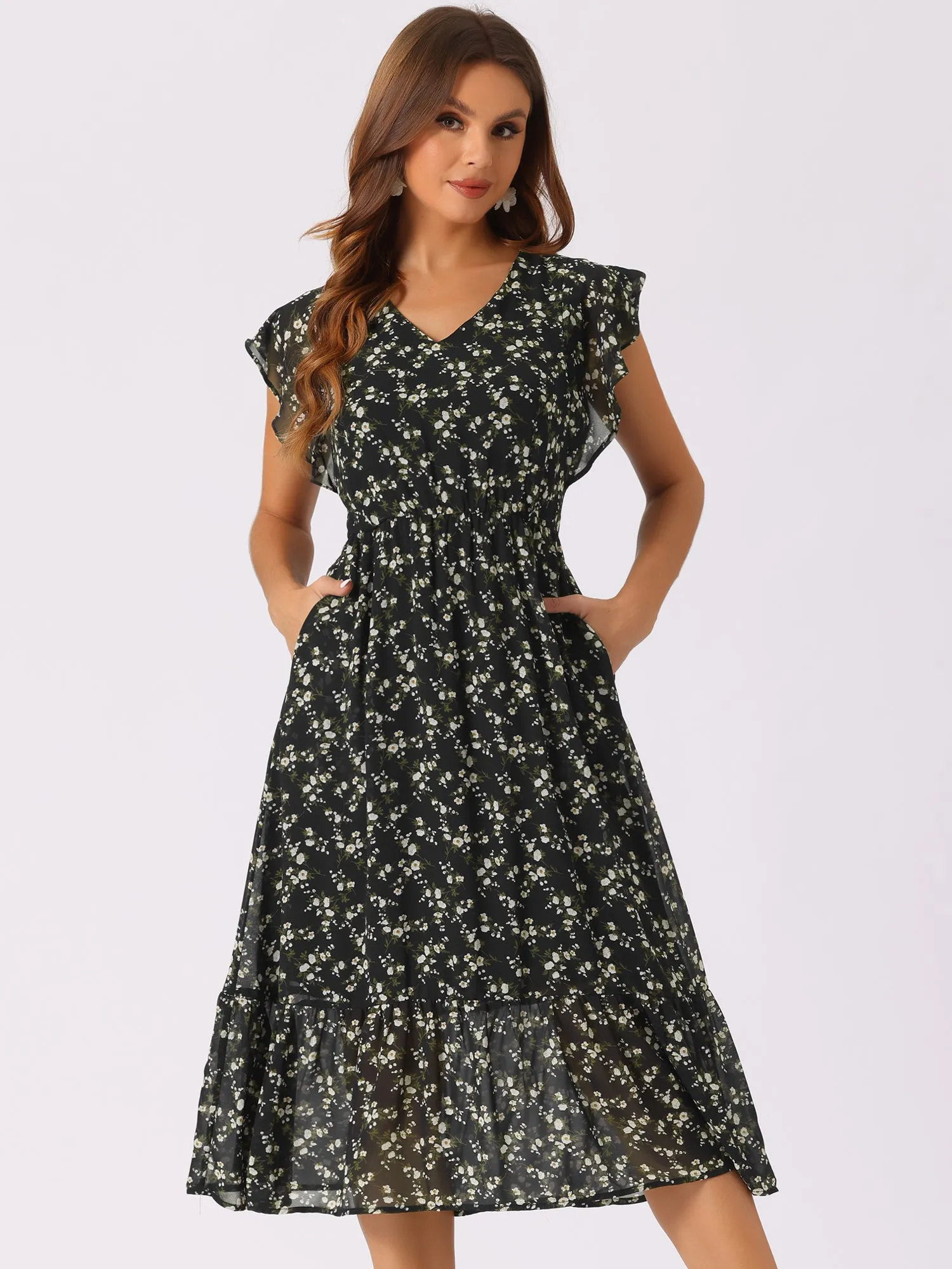 Floral Flutter Sleeve Pockets Ruffled Chiffon Midi Dress sold by Allegra K