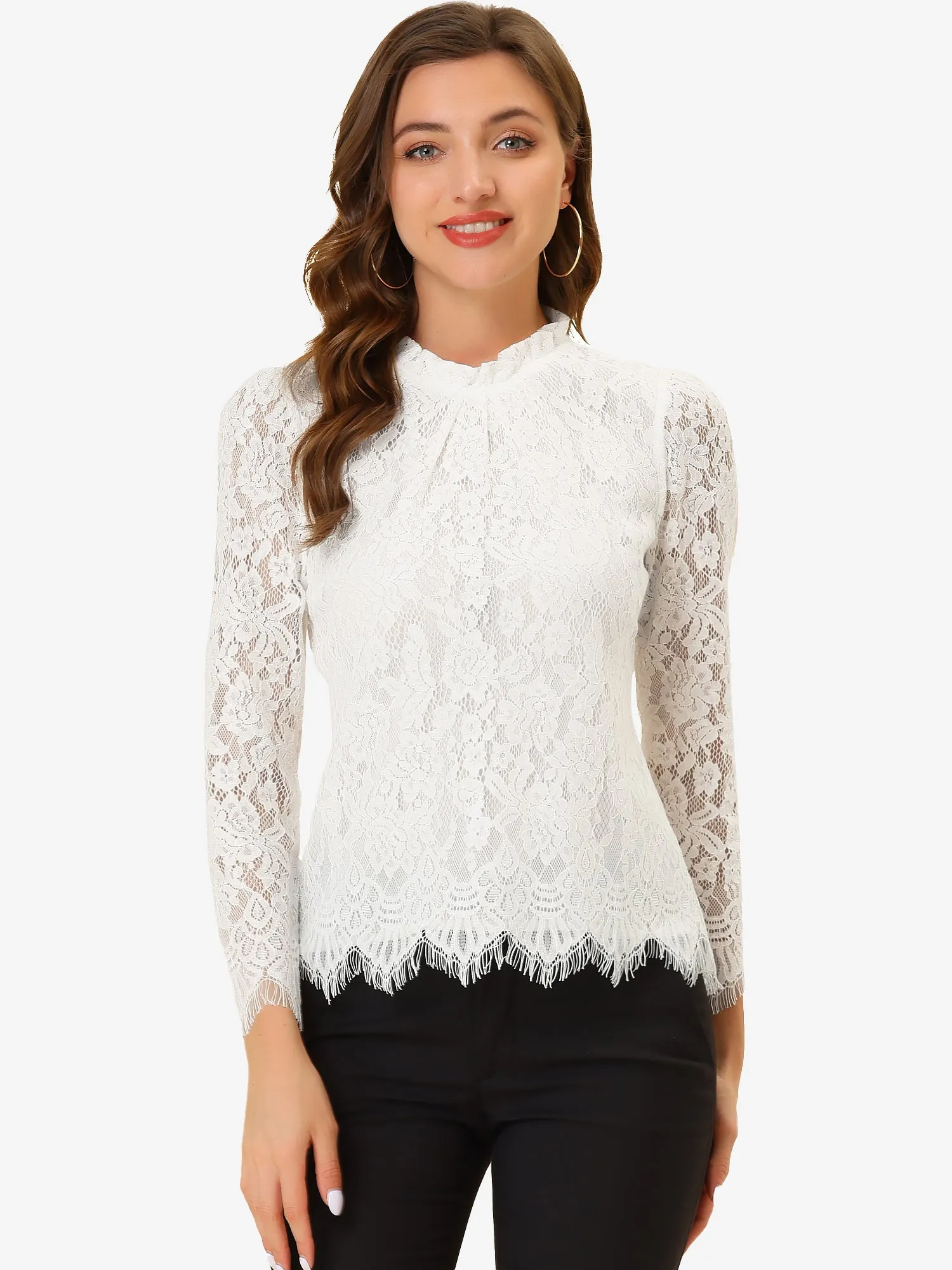 Lace Long Sleeve Ruffle Stand Neck Floral Blouse sold by Allegra K product image thumbnail 2