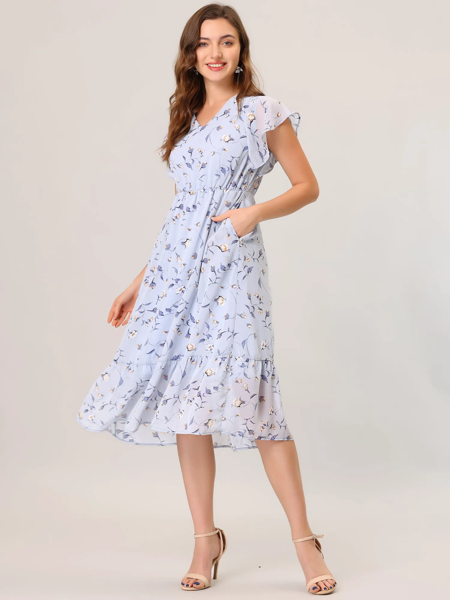 Floral Flutter Sleeve Pockets Ruffled Chiffon Midi Dress sold by Allegra K product image thumbnail 5