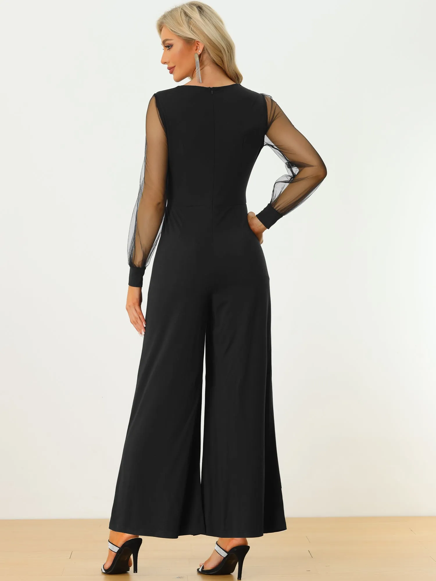 Elegant V Neck Mesh Long Sleeve Loose Wide Leg Jumpsuits sold by Allegra K product image thumbnail 4
