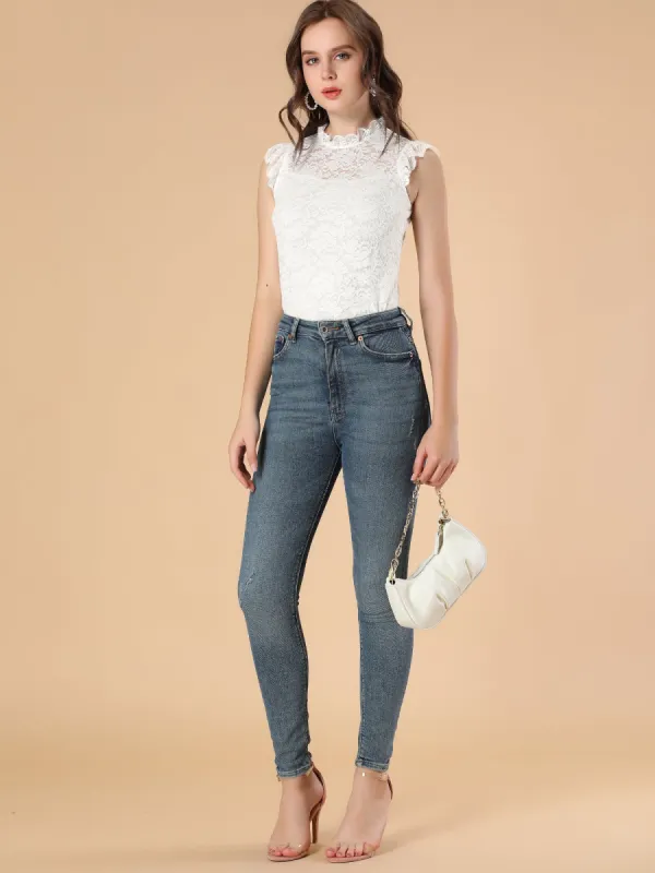 Sleeveless Blouse See Through Ruffle Semi Sheer Floral Lace Top sold by Allegra K