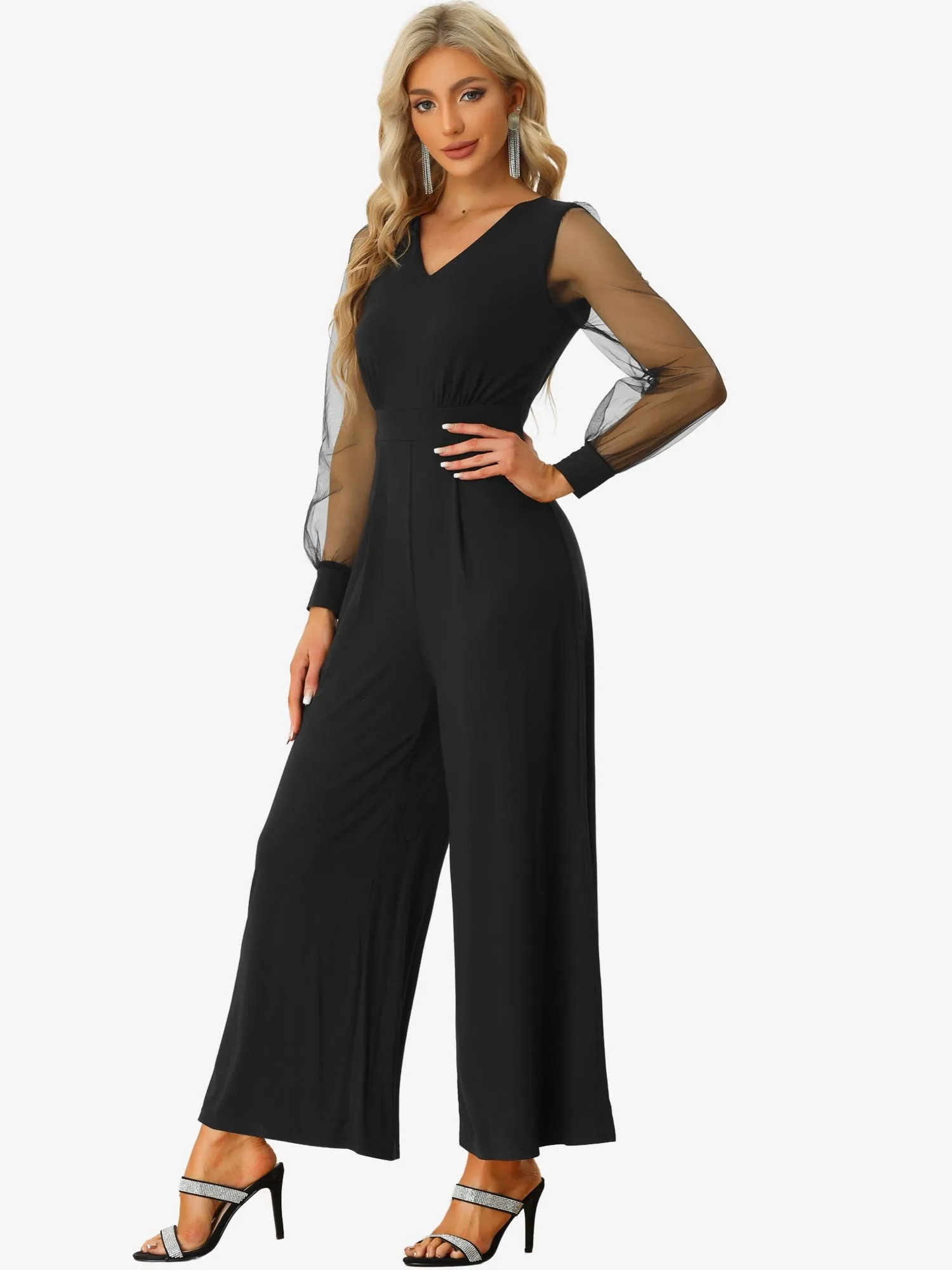 Elegant V Neck Mesh Long Sleeve Loose Wide Leg Jumpsuits sold by Allegra K