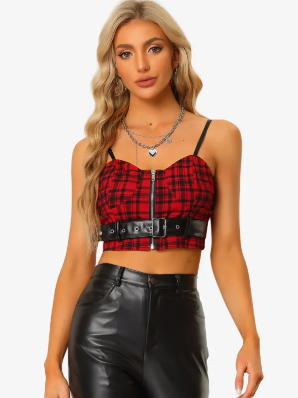 Straps Party Zip-Up Plaid Gothic Crop Top sold by Allegra K