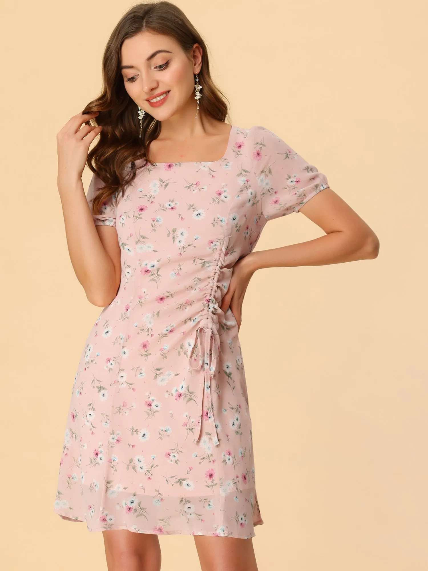 Floral Square Neck Short Sleeve Drawstring Ruched Dress sold by Allegra K