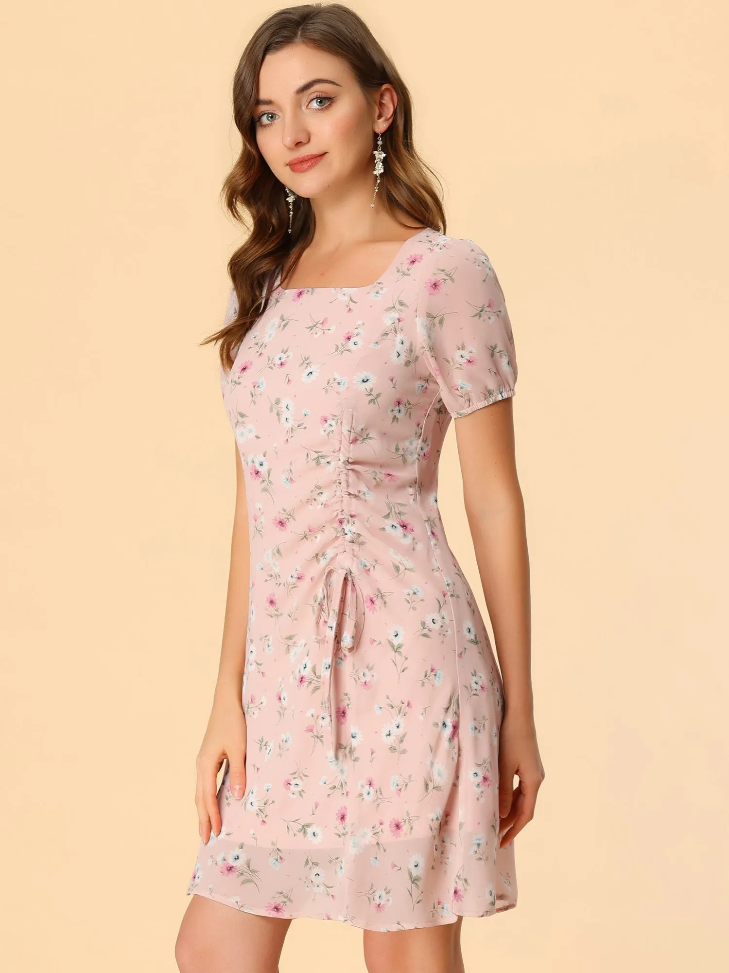 Floral Square Neck Short Sleeve Drawstring Ruched Dress sold by Allegra K product image thumbnail 3