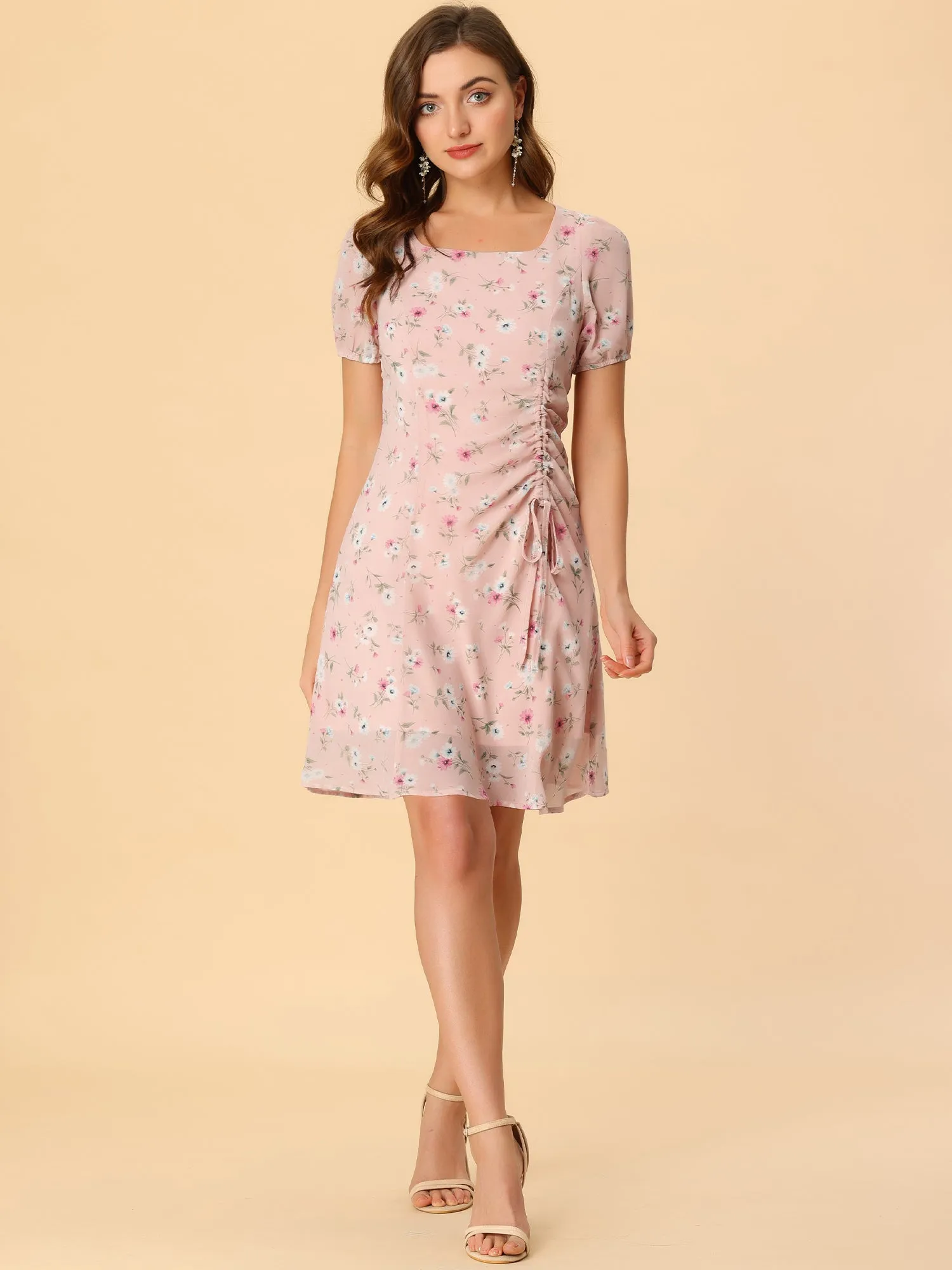 Floral Square Neck Short Sleeve Drawstring Ruched Dress sold by Allegra K product image thumbnail 2