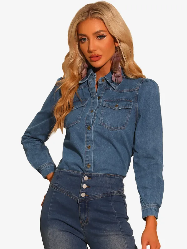 Casual Denim Shirt Button Down Puff Long Sleeve Jean Blouse sold by Allegra K