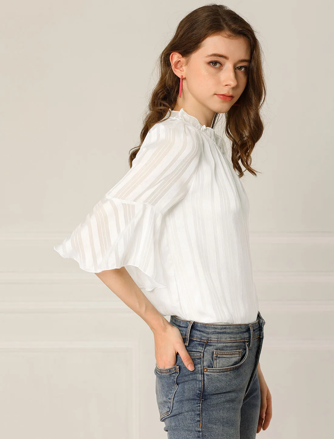 Ruffled Collar Vintage Chiffon Blouse Bell Sleeve Shirt sold by Allegra K product image thumbnail 3