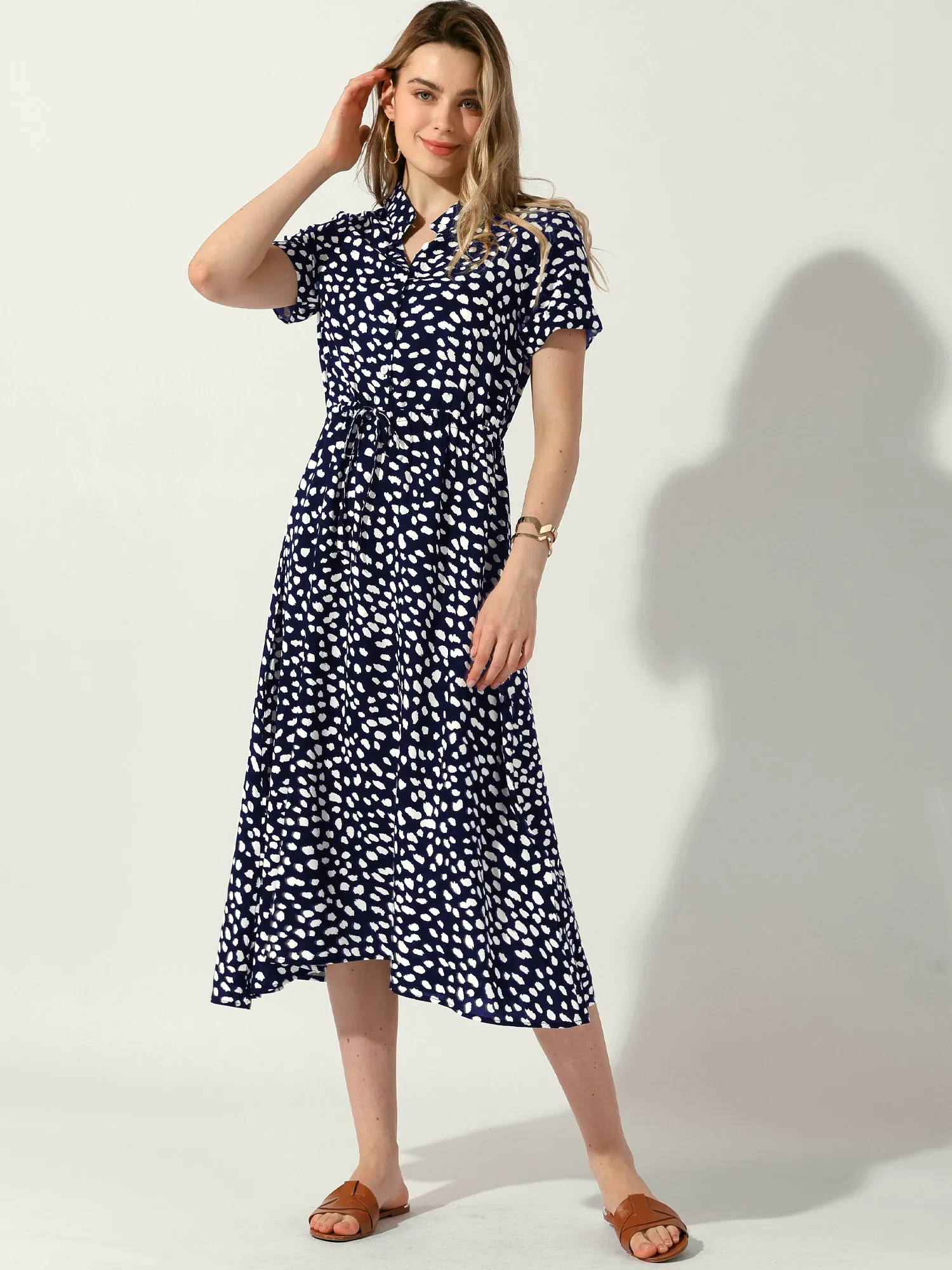 Button Down Short Sleeve Drawstring High Waist Midi Dress sold by Allegra K product image thumbnail 5