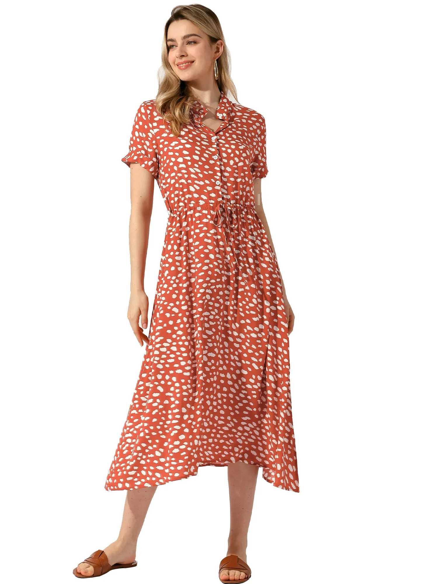 Button Down Short Sleeve Drawstring High Waist Midi Dress sold by Allegra K product image thumbnail 4