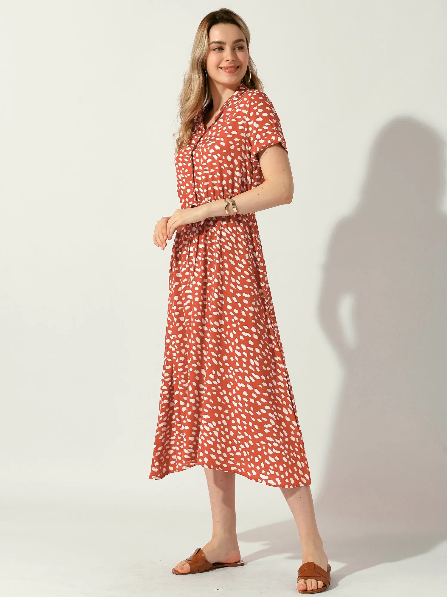 Button Down Short Sleeve Drawstring High Waist Midi Dress sold by Allegra K product image thumbnail 2