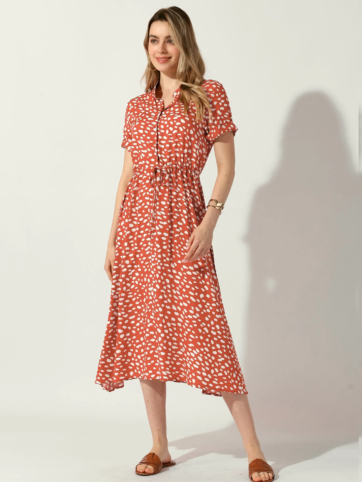 Button Down Short Sleeve Drawstring High Waist Midi Dress sold by Allegra K