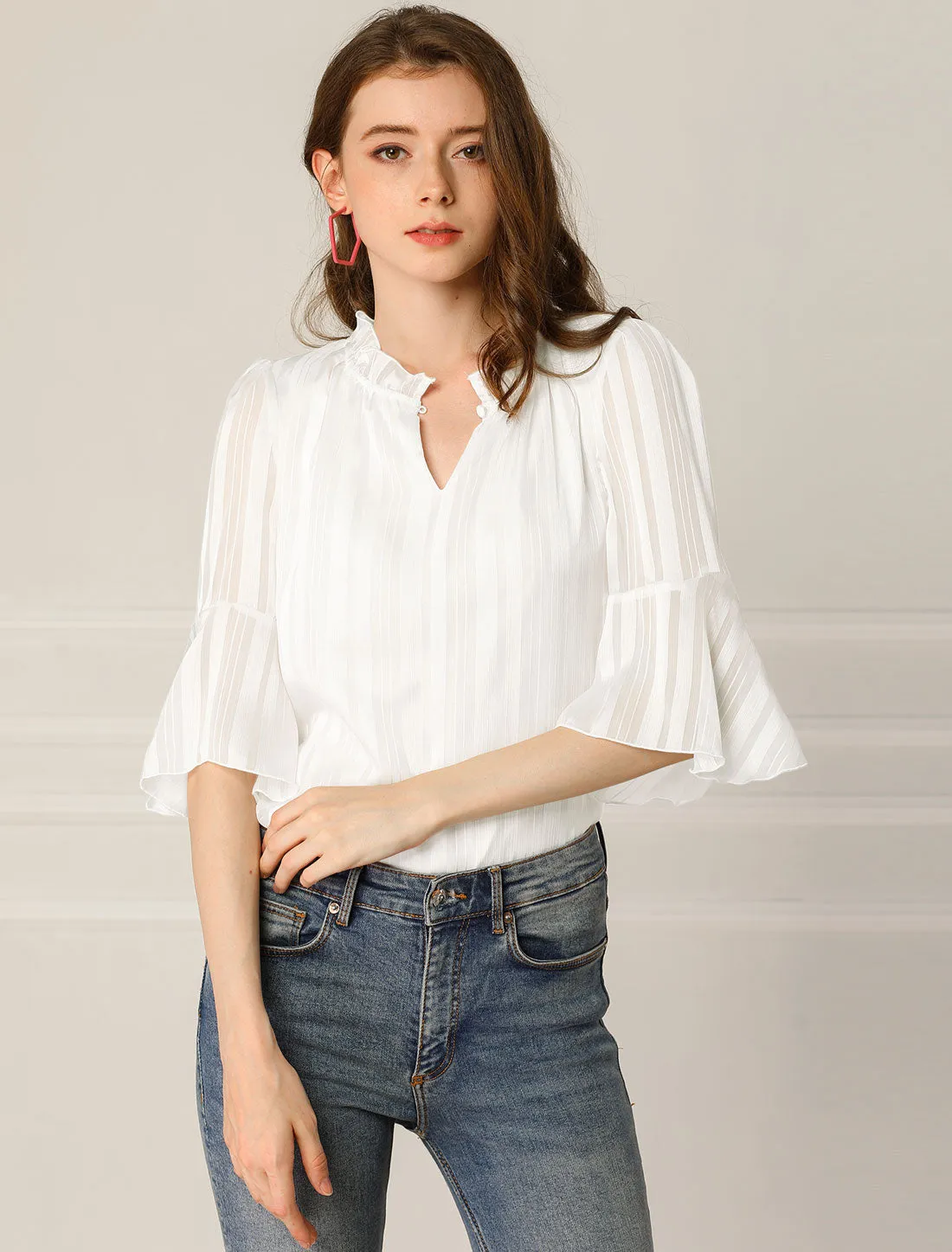 Ruffled Collar Vintage Chiffon Blouse Bell Sleeve Shirt sold by Allegra K product image thumbnail 2