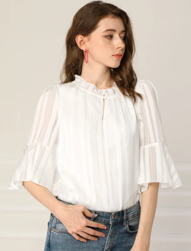 Ruffled Collar Vintage Chiffon Blouse Bell Sleeve Shirt sold by Allegra K