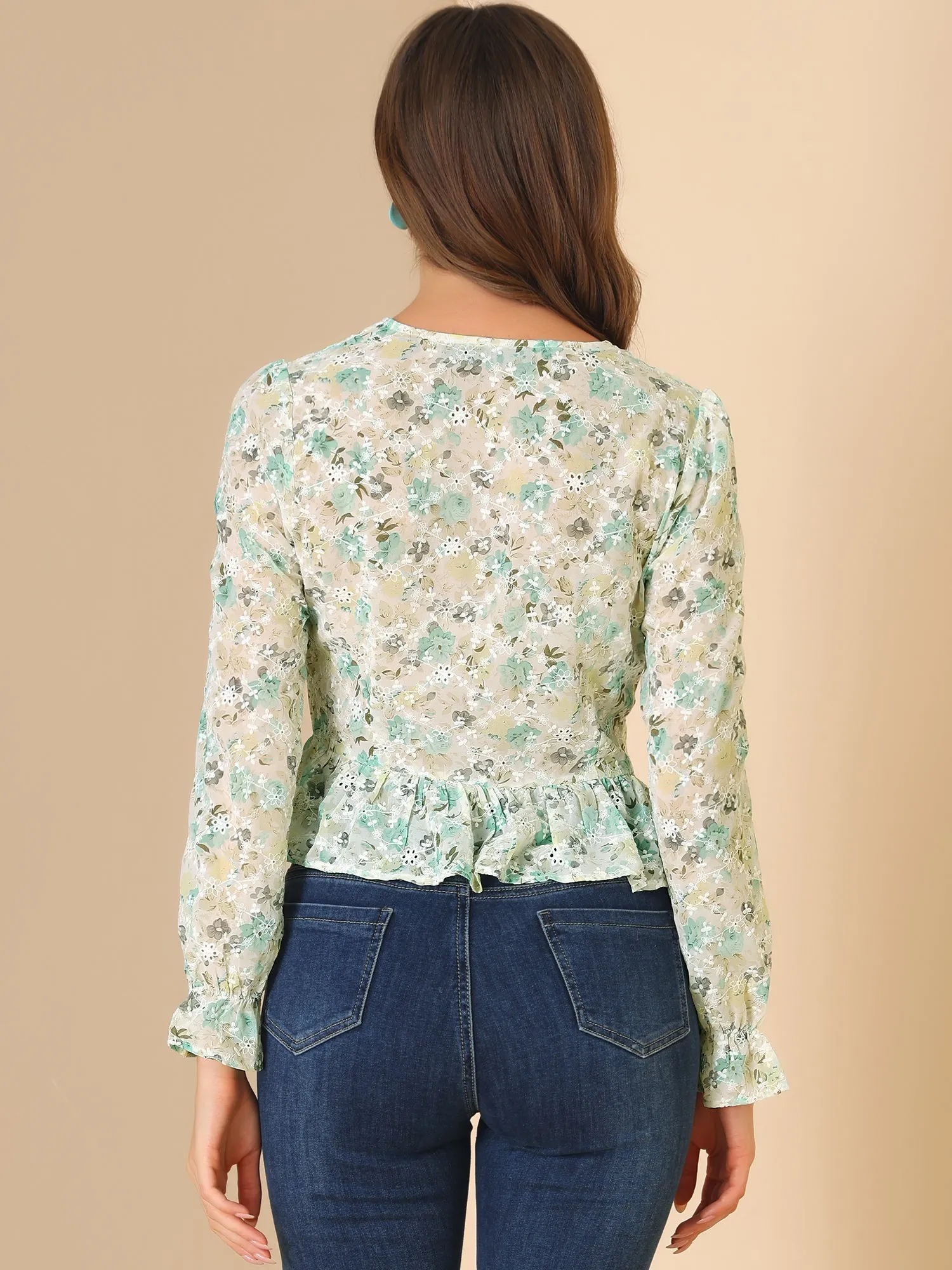 V Neck Ditsy Floral Ruffle Long Sleeve Peplum Top sold by Allegra K product image thumbnail 5