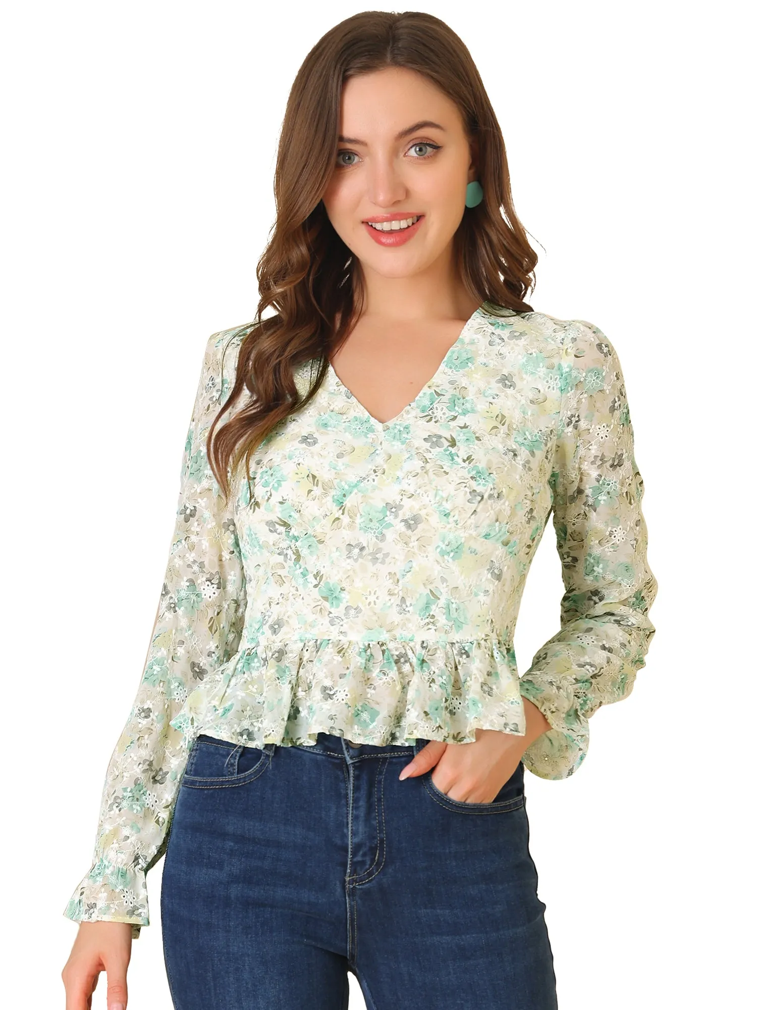 V Neck Ditsy Floral Ruffle Long Sleeve Peplum Top sold by Allegra K product image thumbnail 2