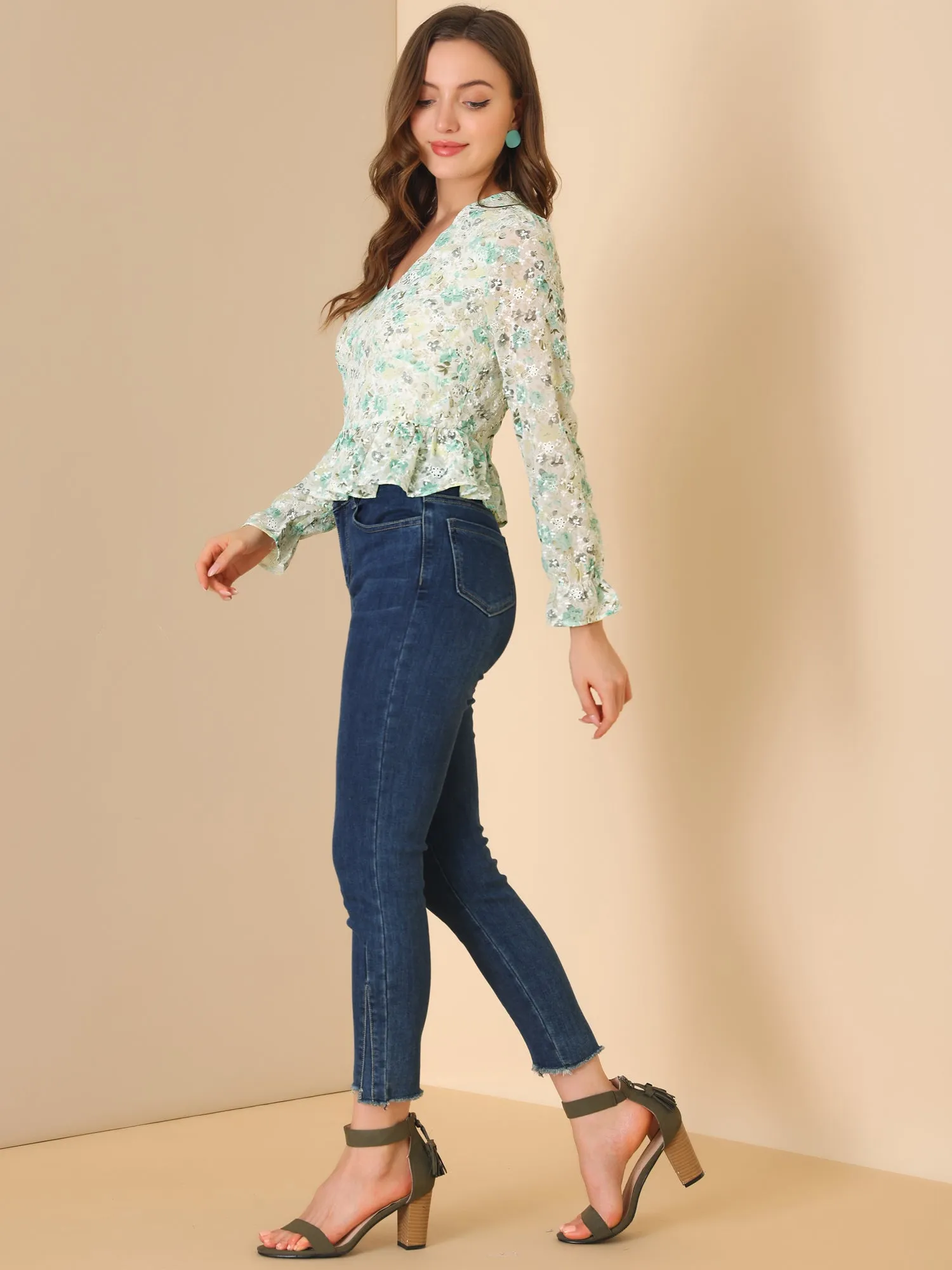 V Neck Ditsy Floral Ruffle Long Sleeve Peplum Top sold by Allegra K product image thumbnail 4