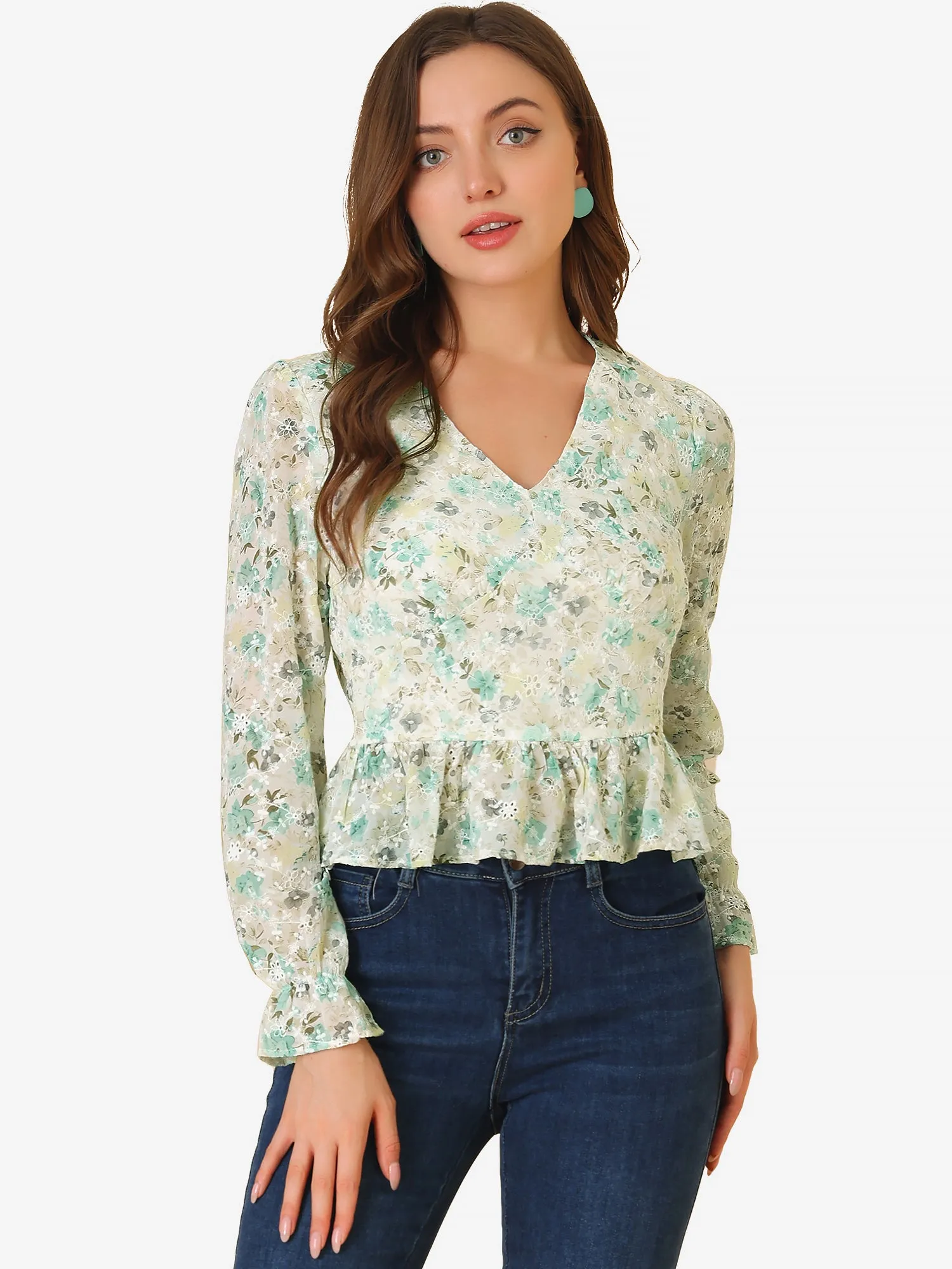 V Neck Ditsy Floral Ruffle Long Sleeve Peplum Top sold by Allegra K