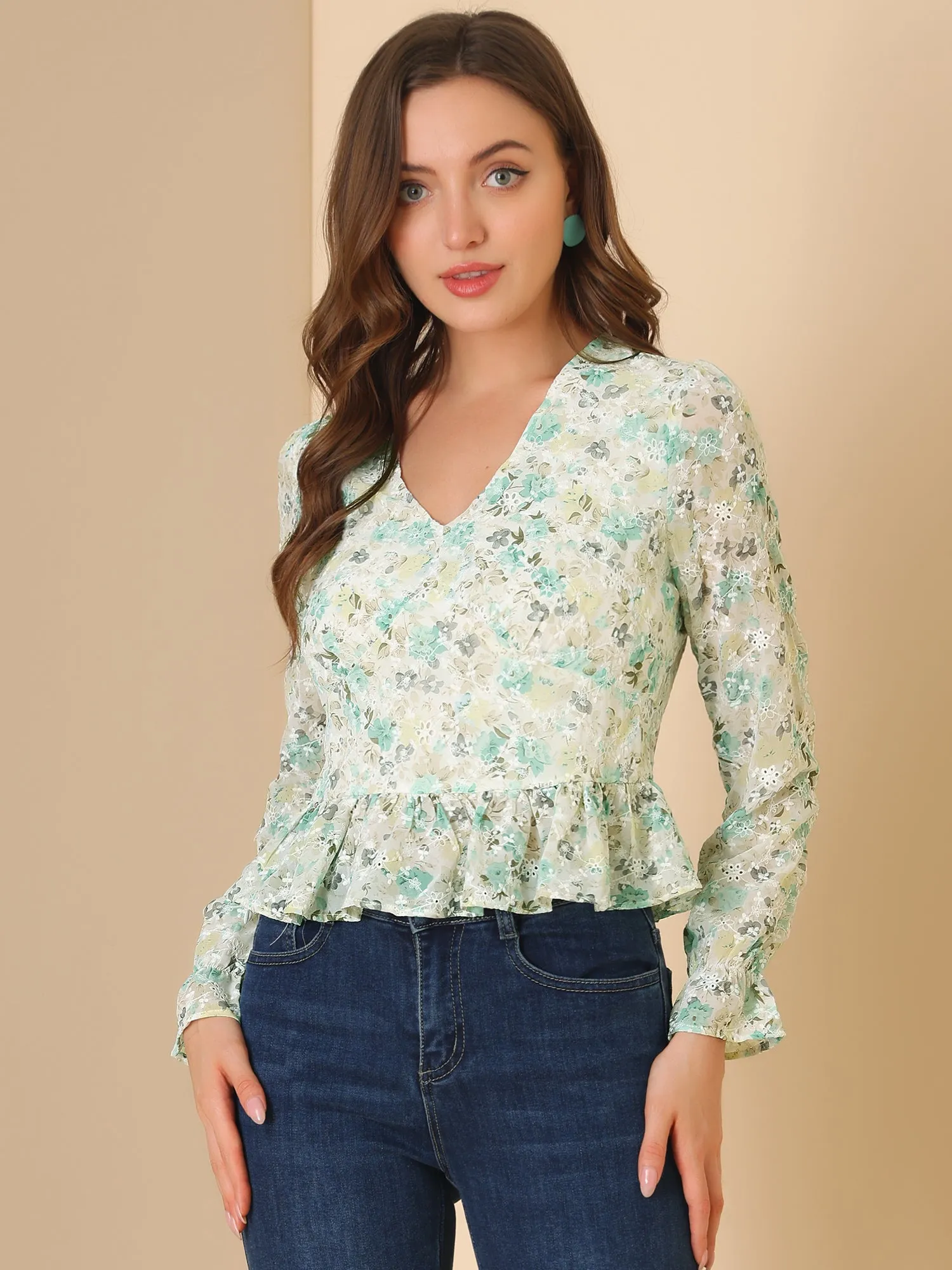 V Neck Ditsy Floral Ruffle Long Sleeve Peplum Top sold by Allegra K product image thumbnail 3