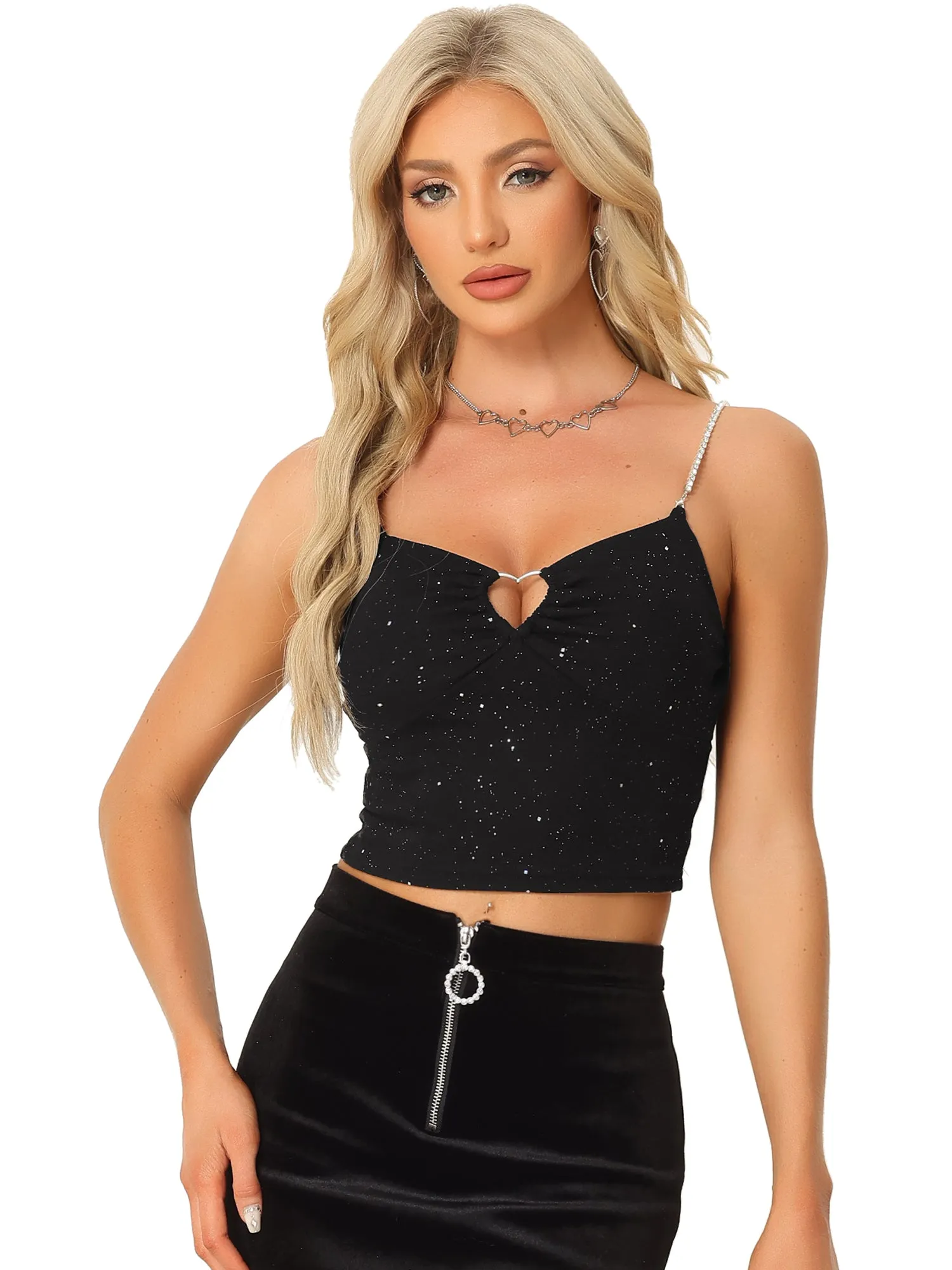 Sparkly Glitter Encrusted Spaghetti Straps Cut Out Party Camisole Cropped Tops sold by Allegra K product image thumbnail 4