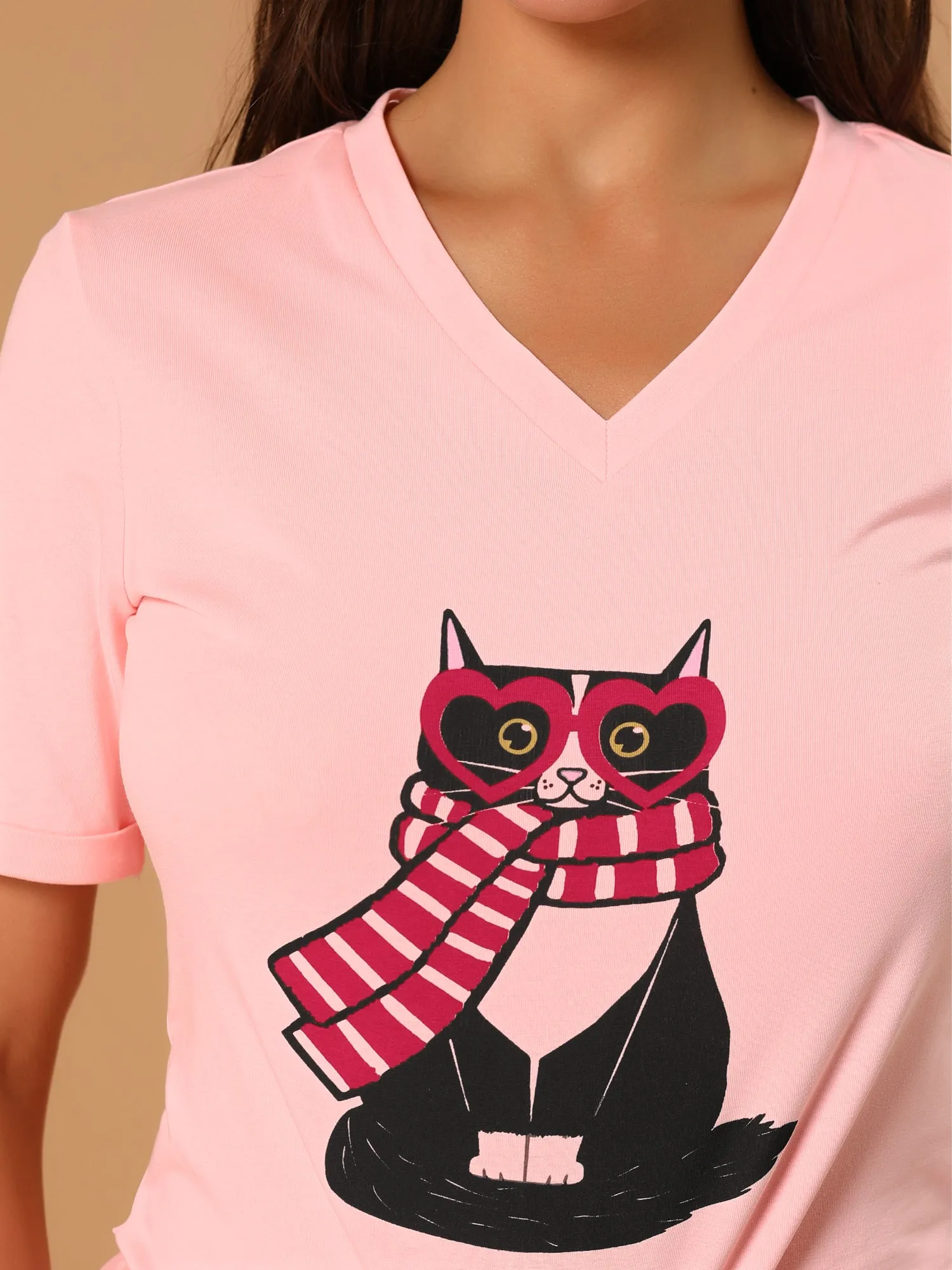 V Neck Cartoon Cat Print Cotton Short Sleeve T Shirts sold by Allegra K product image thumbnail 5