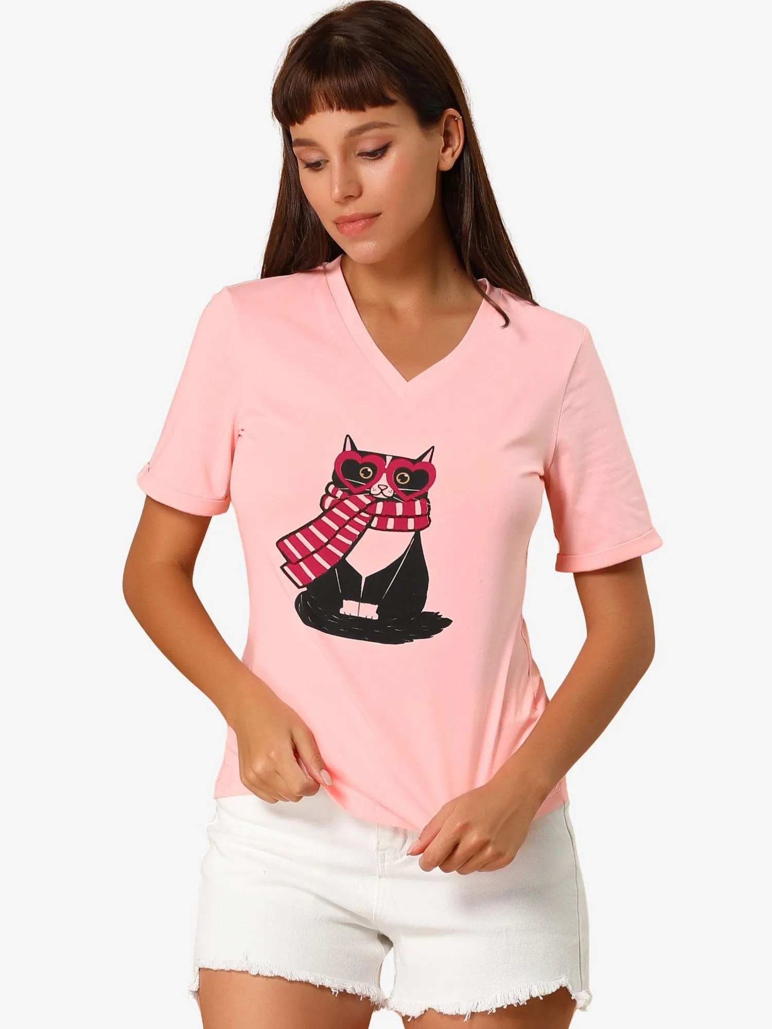 V Neck Cartoon Cat Print Cotton Short Sleeve T Shirts sold by Allegra K
