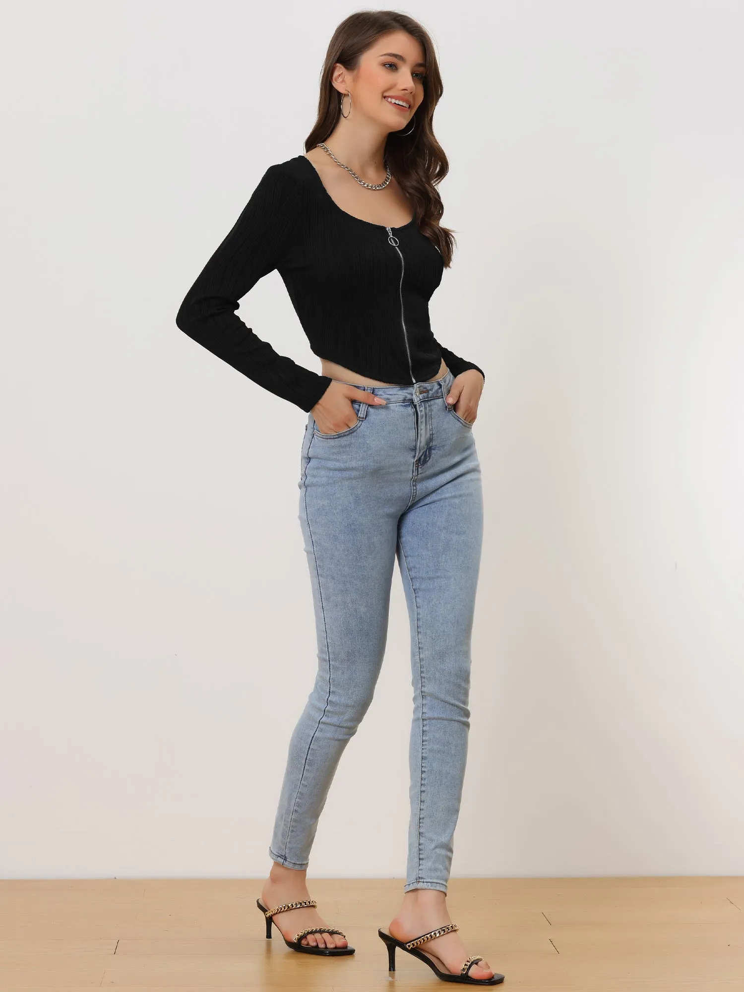 Casual Crop Top V Neck Long Sleeve Zipper Cropped Textured Blouse sold by Allegra K product image thumbnail 5