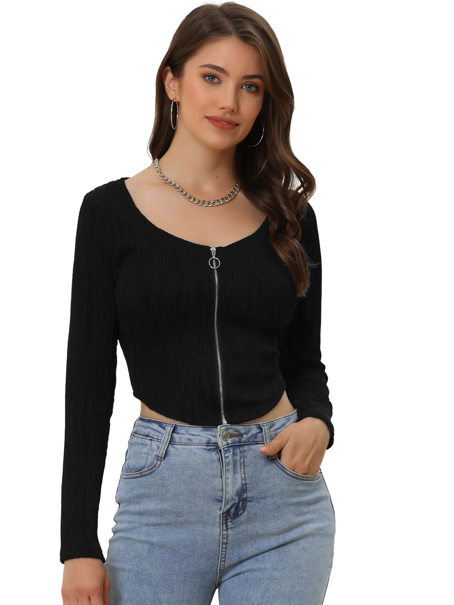 Casual Crop Top V Neck Long Sleeve Zipper Cropped Textured Blouse sold by Allegra K product image thumbnail 4