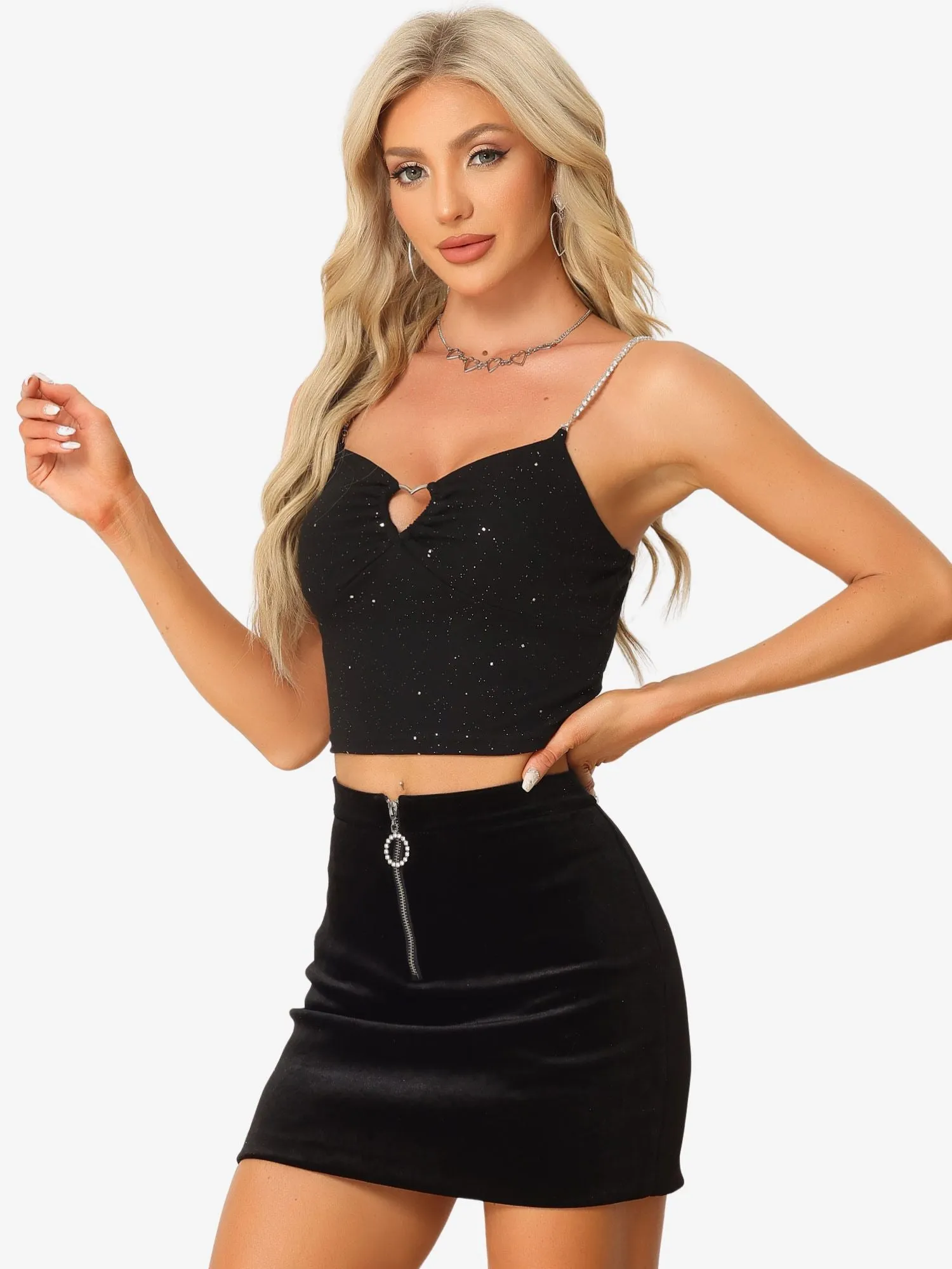Sparkly Glitter Encrusted Spaghetti Straps Cut Out Party Camisole Cropped Tops sold by Allegra K