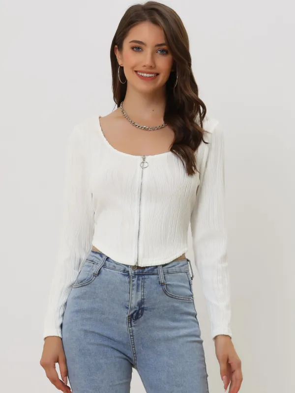 Casual Crop Top V Neck Long Sleeve Zipper Cropped Textured Blouse sold by Allegra K