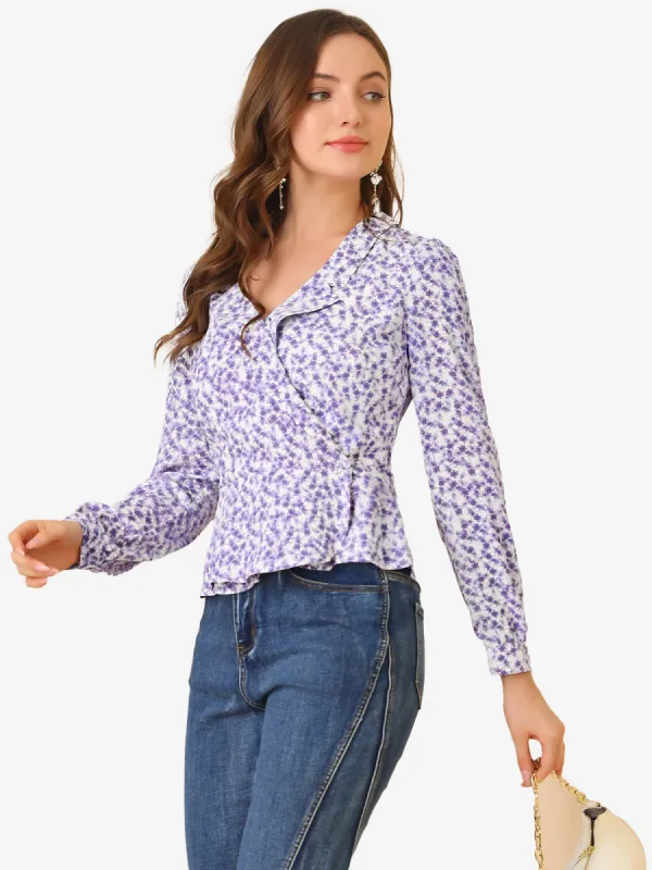 Ruffle Floral Long Sleeve Lapel Chiffon Wrap Peplum Blouse sold by Allegra K