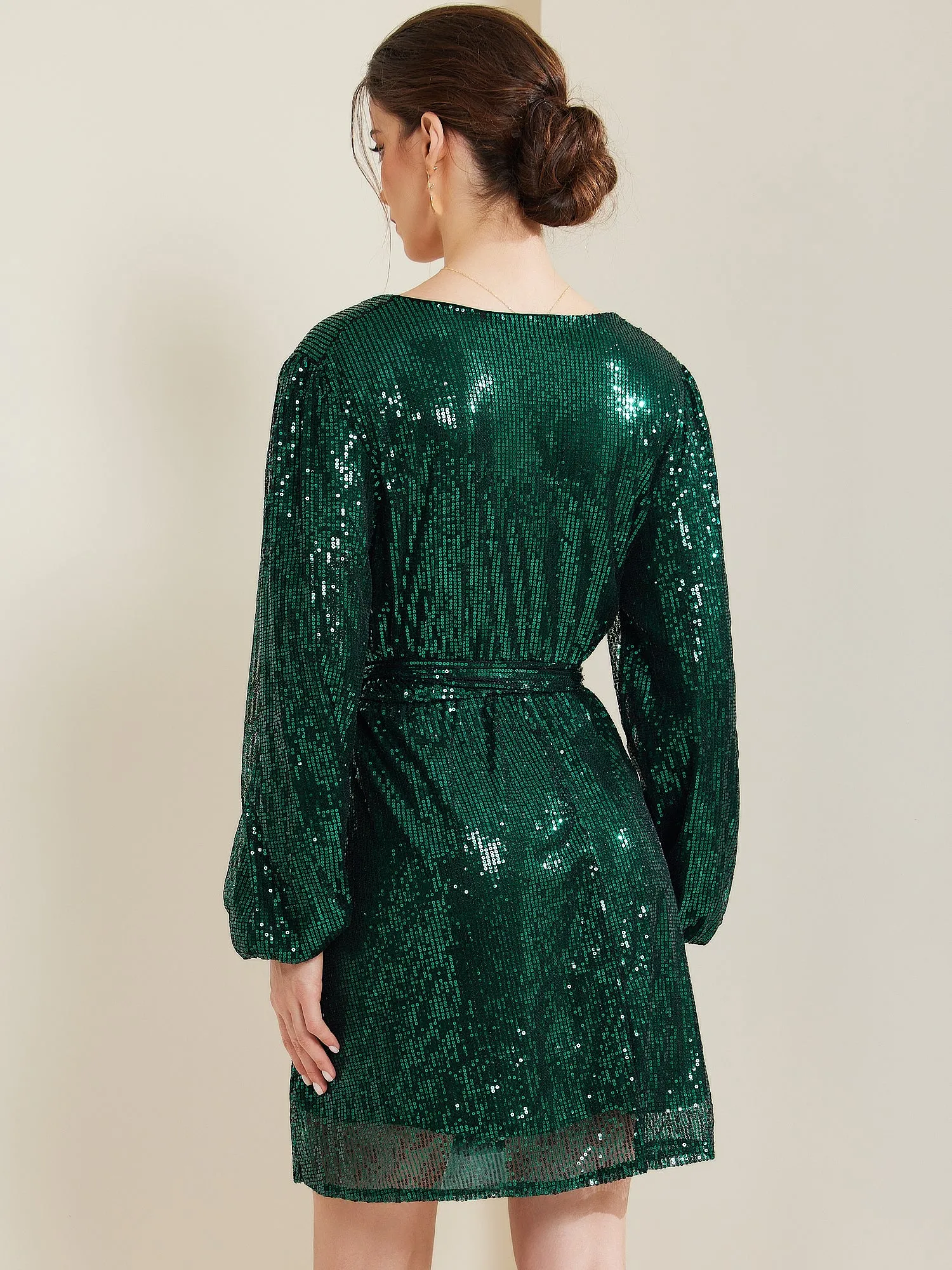 Glitter Sequin V Neck Long Sleeve Tie Waist A-Line Mini Dress sold by Allegra K product image thumbnail 3