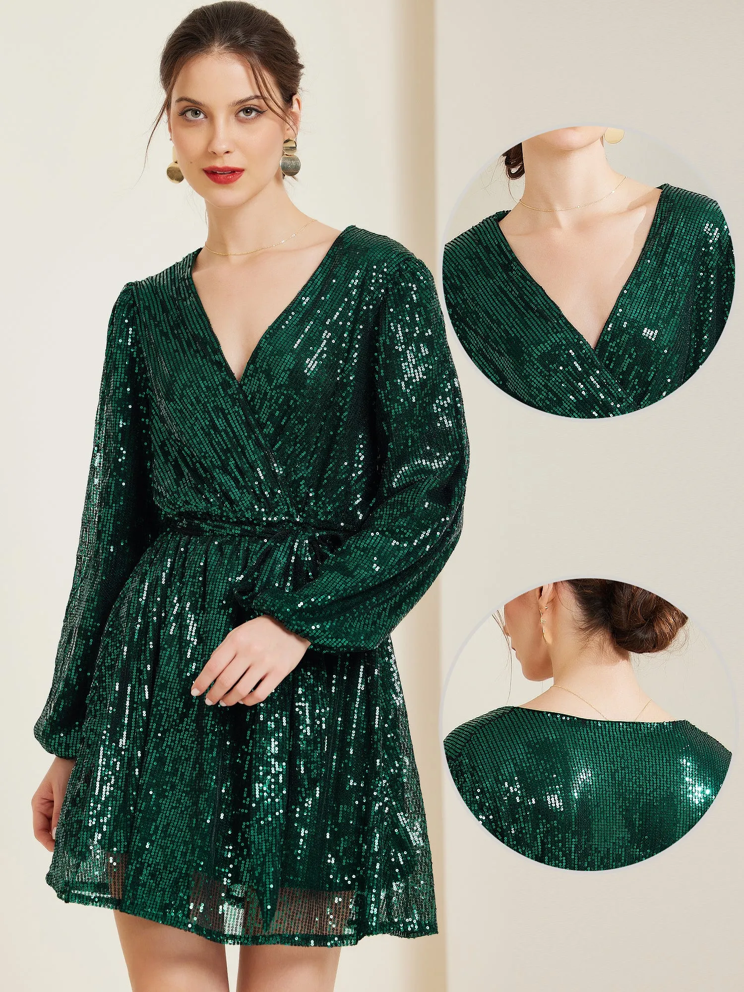 Glitter Sequin V Neck Long Sleeve Tie Waist A-Line Mini Dress sold by Allegra K product image thumbnail 2