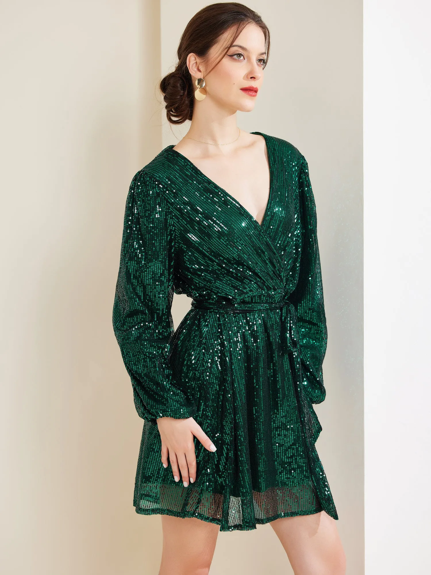 Glitter Sequin V Neck Long Sleeve Tie Waist A-Line Mini Dress sold by Allegra K