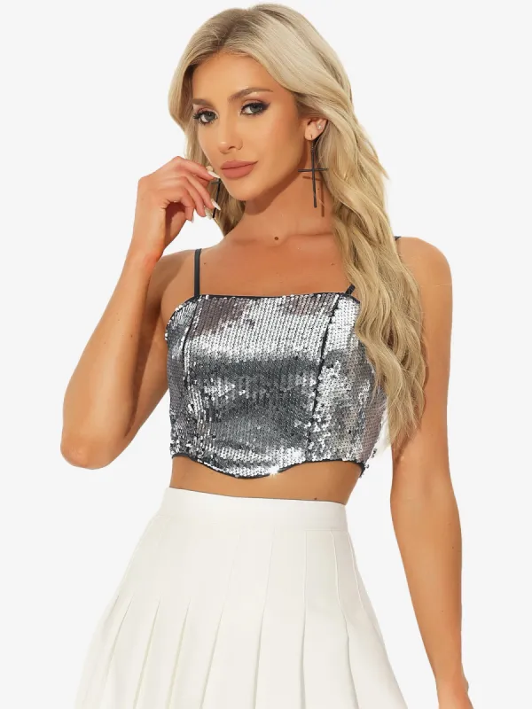 Spaghetti Straps Curve Hem Party Sparkle Crop Cami Sequin Top sold by Allegra K