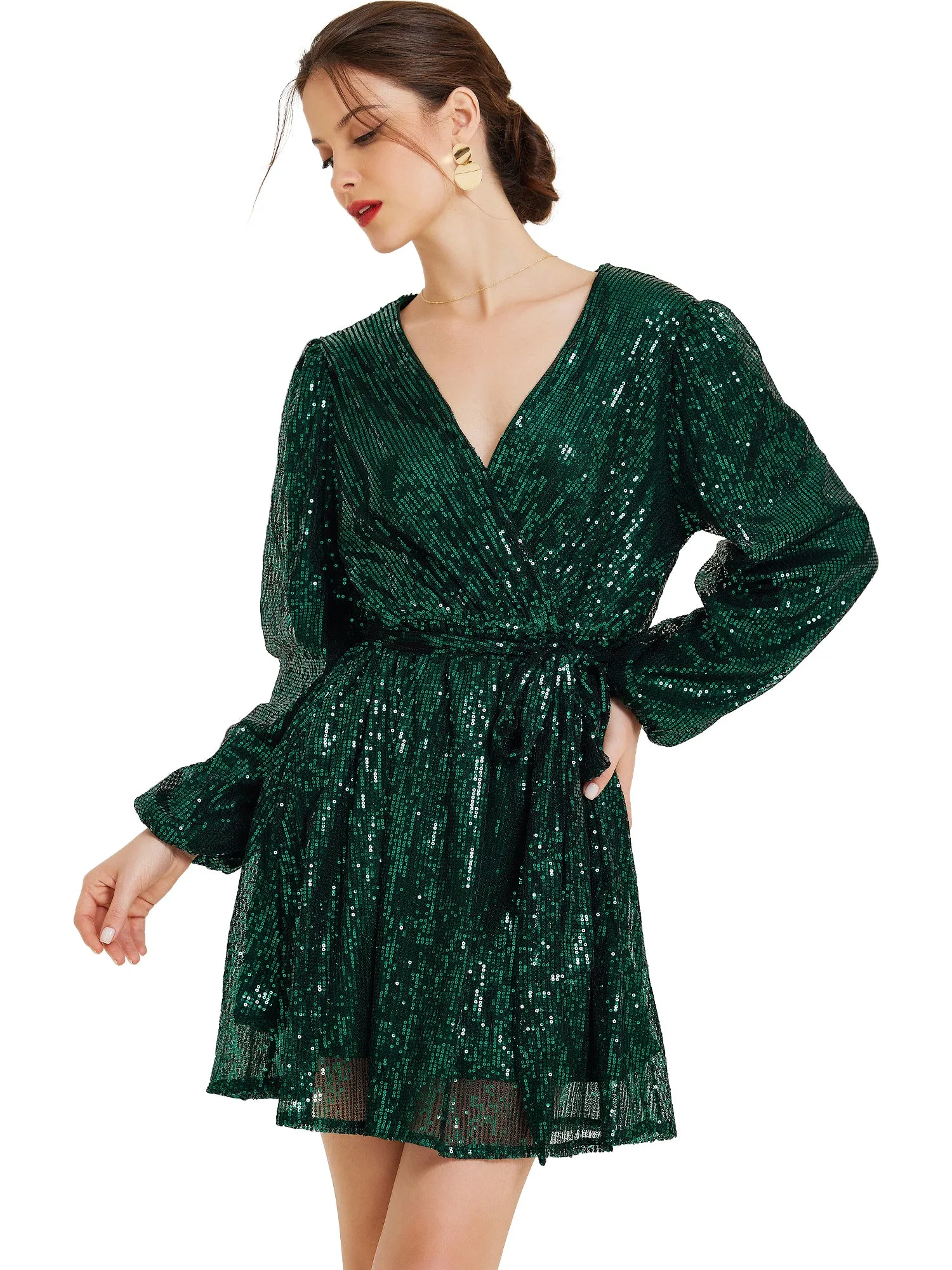 Glitter Sequin V Neck Long Sleeve Tie Waist A-Line Mini Dress sold by Allegra K product image thumbnail 5