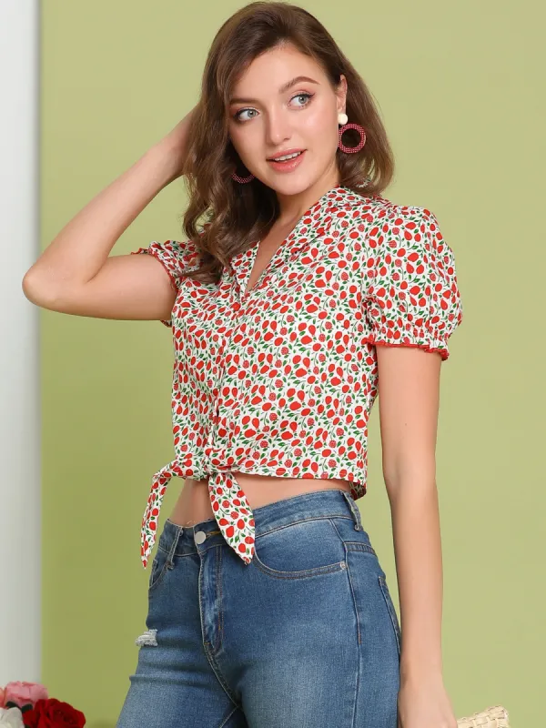 Peasant Floral Button-Down Shirt Tie Front Knot Puff Sleeve Crop Top sold by Allegra K