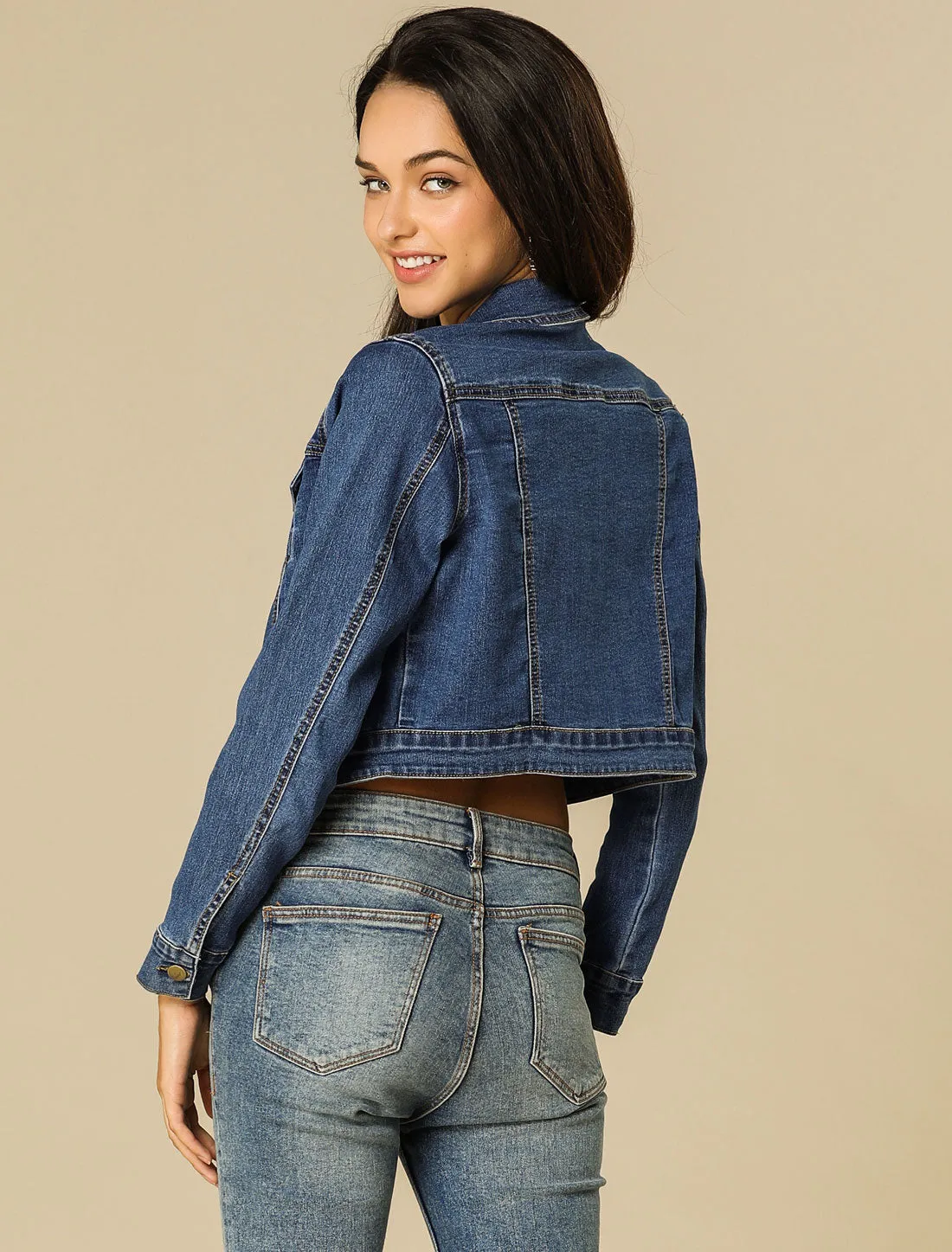 Casual Cropped Button Down Long Sleeve Basic Jean Denim Jacket sold by Allegra K product image thumbnail 4