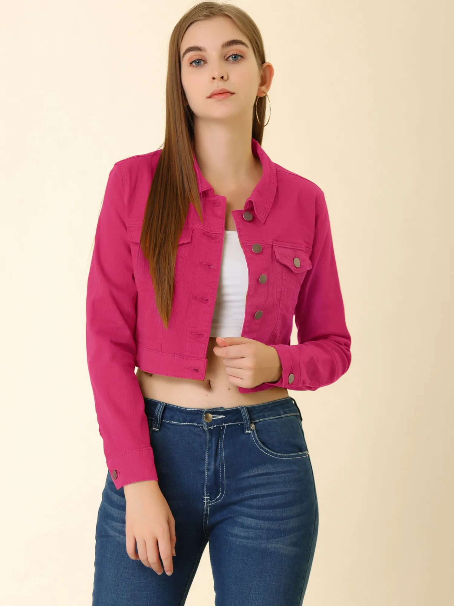Casual Cropped Button Down Long Sleeve Basic Jean Denim Jacket sold by Allegra K product image thumbnail 5