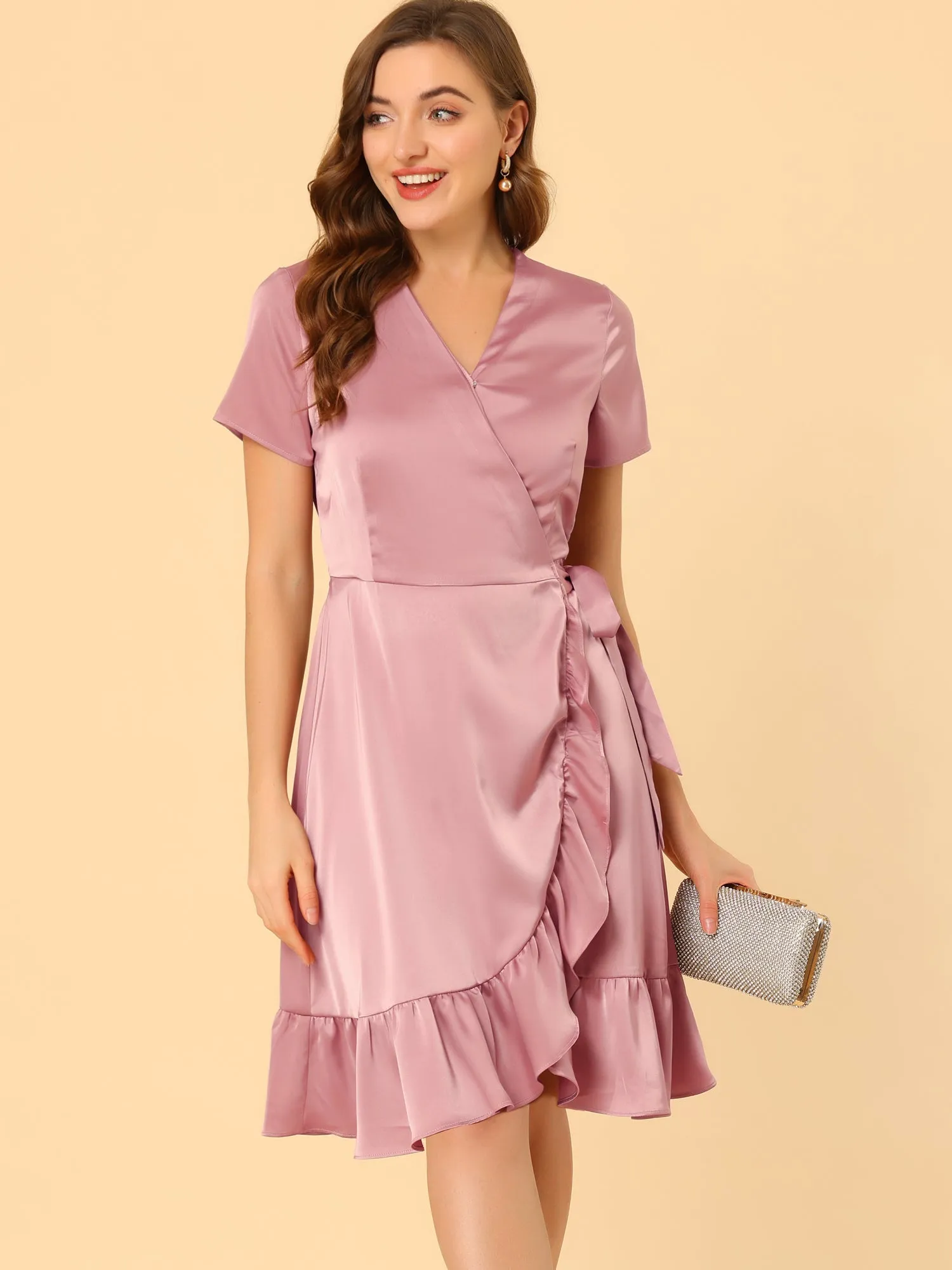Ruffle Hem V-Neck Tie Waist Short Sleeve A-Line Satin Wrap Dress sold by Allegra K