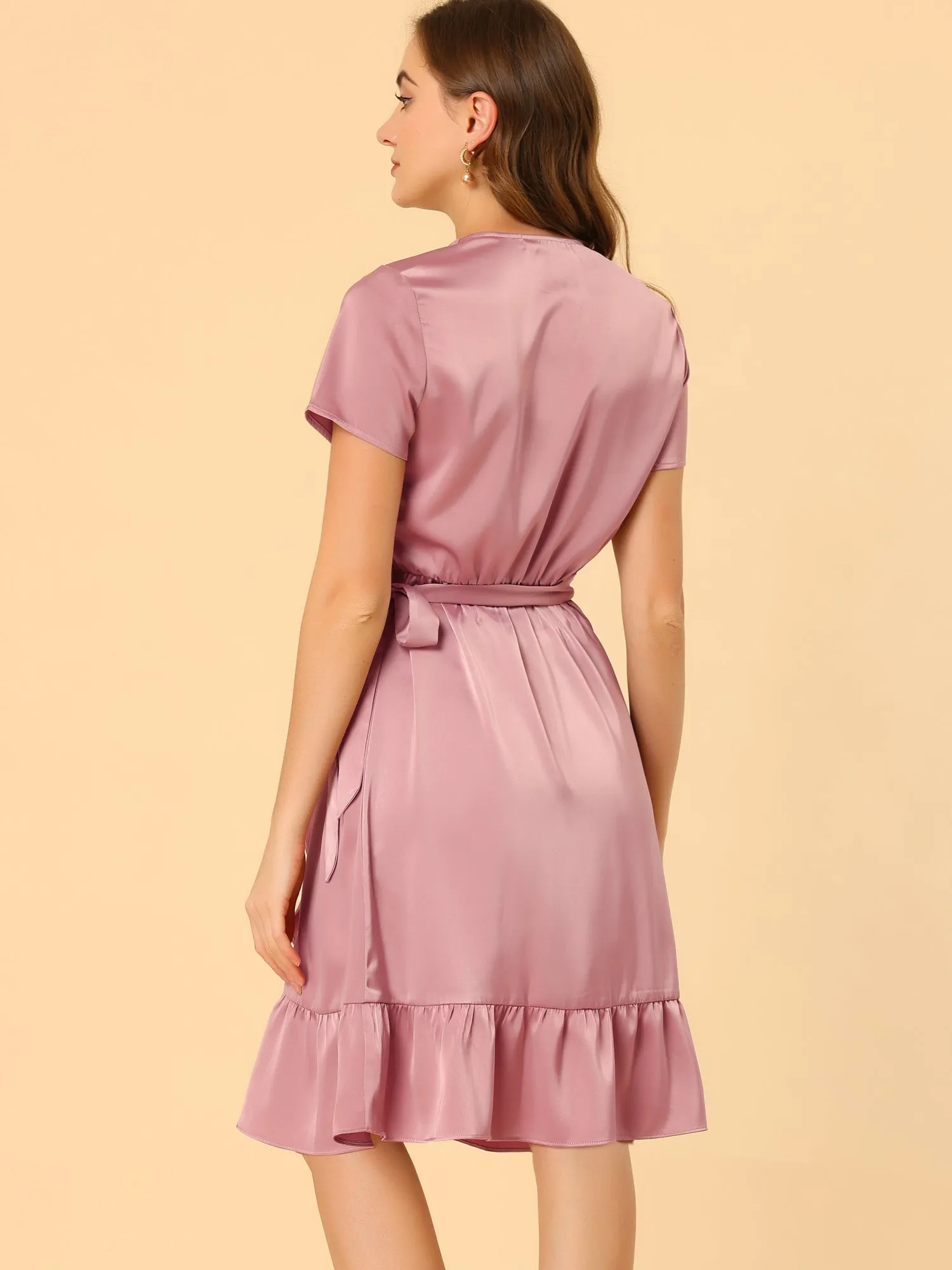 Ruffle Hem V-Neck Tie Waist Short Sleeve A-Line Satin Wrap Dress sold by Allegra K product image thumbnail 5