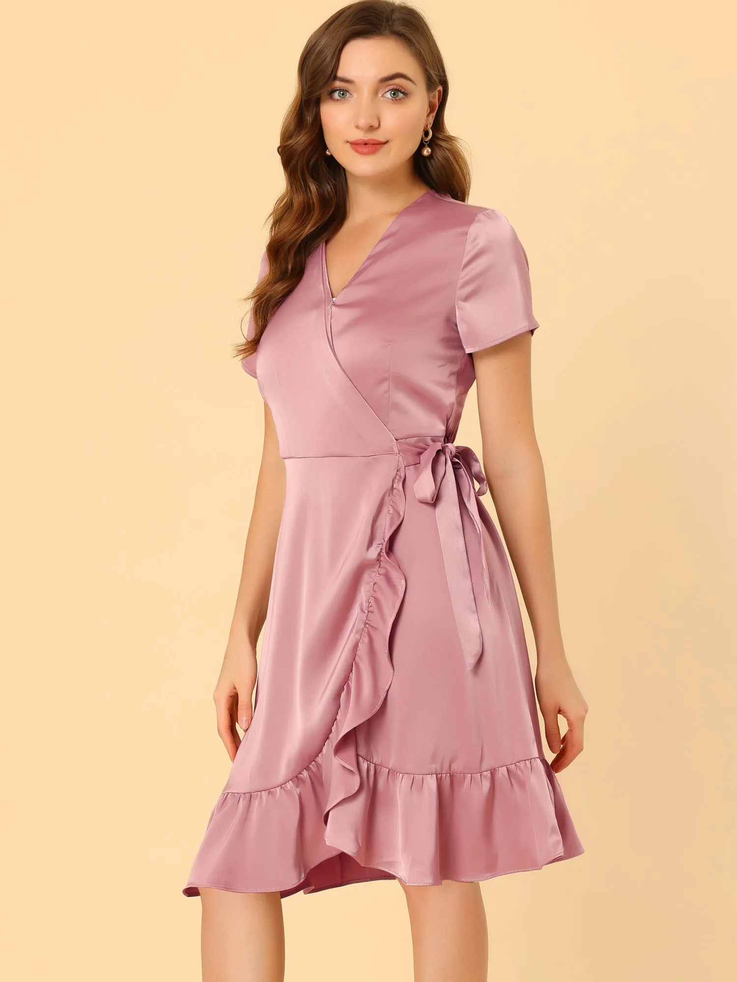 Ruffle Hem V-Neck Tie Waist Short Sleeve A-Line Satin Wrap Dress sold by Allegra K product image thumbnail 3