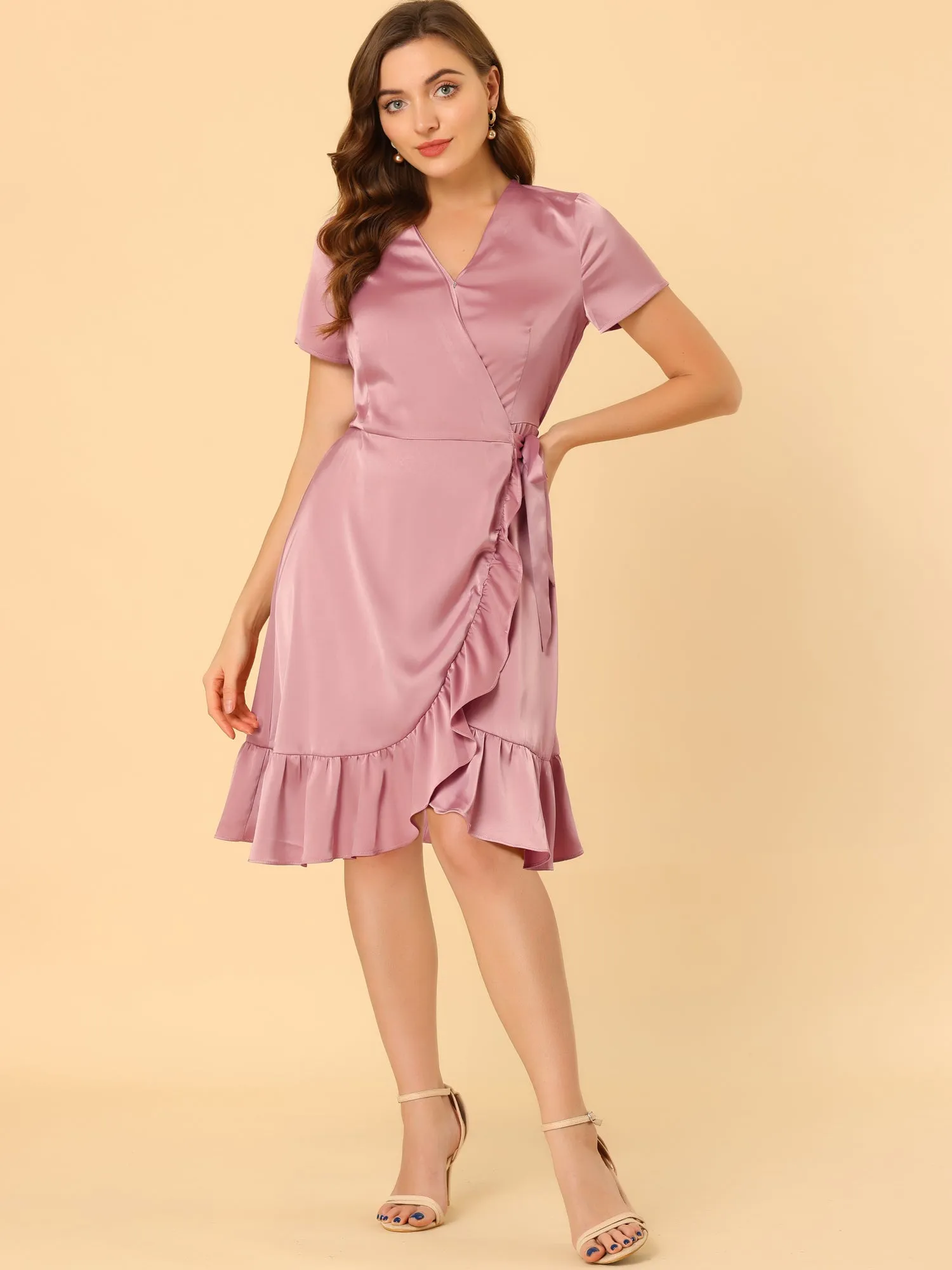 Ruffle Hem V-Neck Tie Waist Short Sleeve A-Line Satin Wrap Dress sold by Allegra K product image thumbnail 2