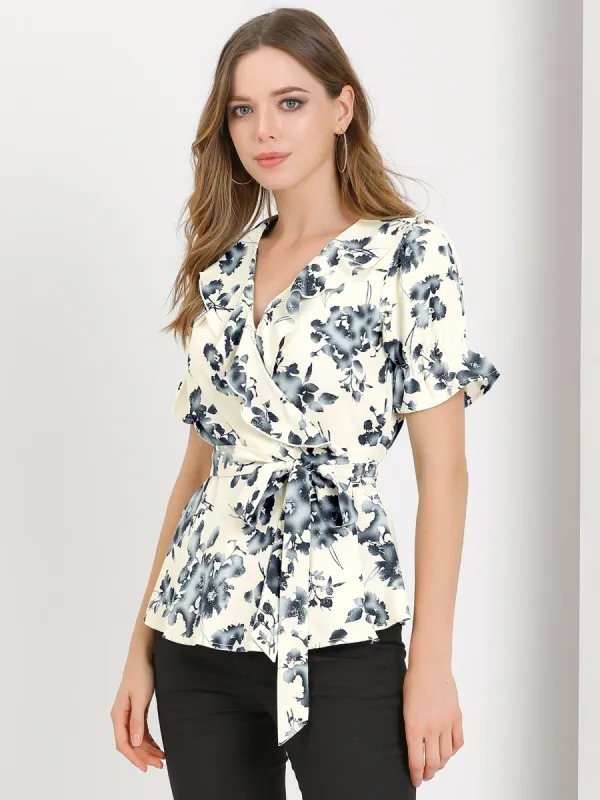 Wrap Peplum Tie Waist Short Sleeve Ruffle Floral V Neck Blouse sold by Allegra K